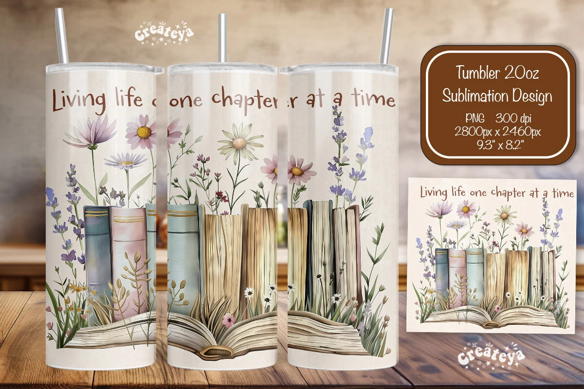 Book Lover Tumbler Wrap Floral 20 Oz featuring books and wildflowers