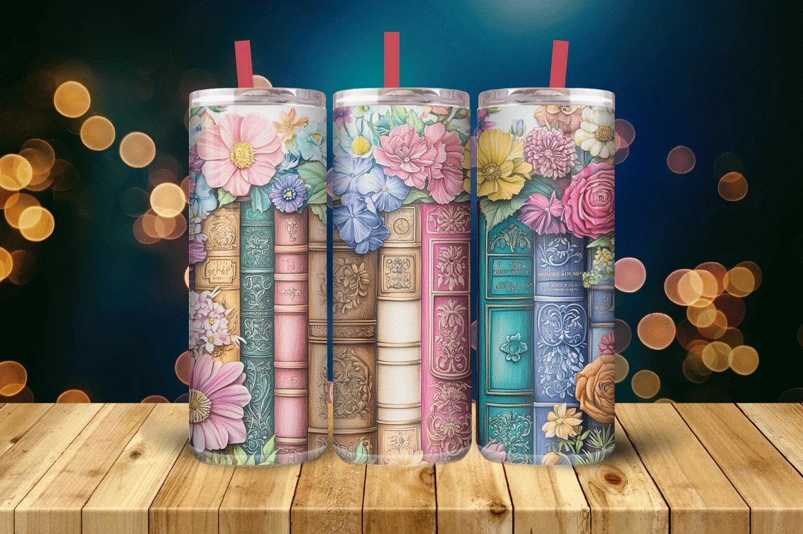 Book Lover Tumbler Wrap PNG Design featuring vintage books and floral arrangements