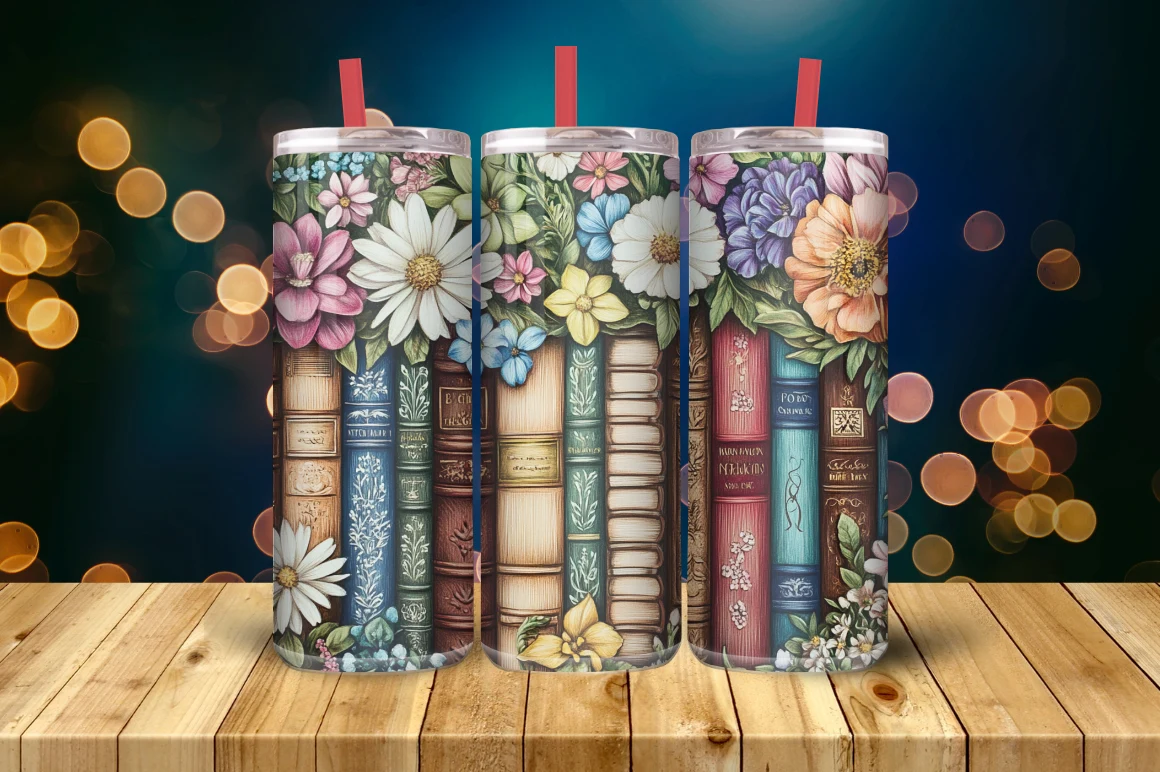 Book Lover Tumbler Wrap PNG Design featuring books and flowers