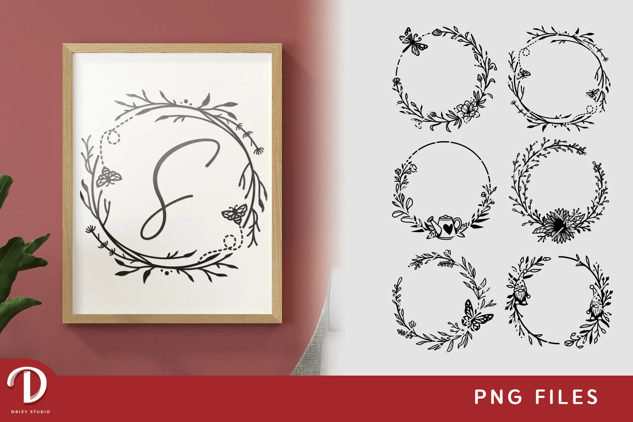 Botanical Wreath SVG - Floral Wreath SVG featuring floral wreaths and dragonfly