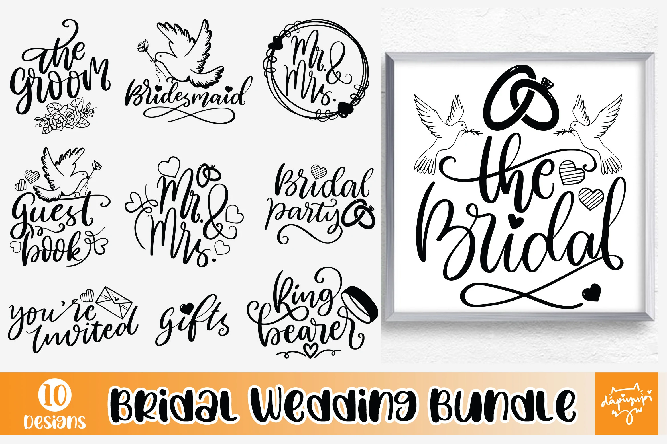 Bridal Wedding Quotes SVG Bundle featuring wedding doves and wedding rings