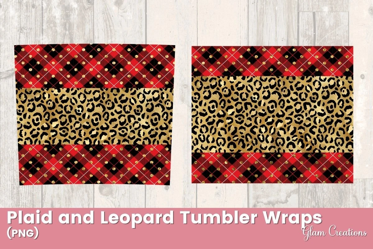 Buffalo Plaid and Leopard Print Tumbler Wraps preview showing sublimation design with composition