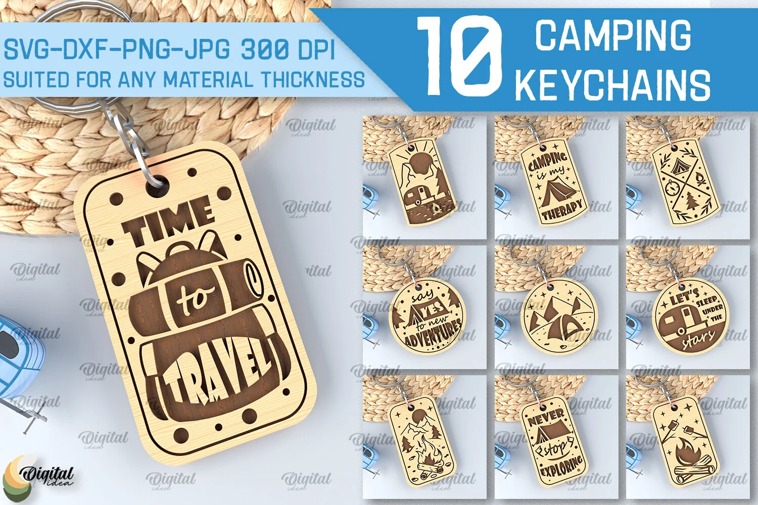 Camping Keychains Laser Cut Bundle featuring camping gear and mountains