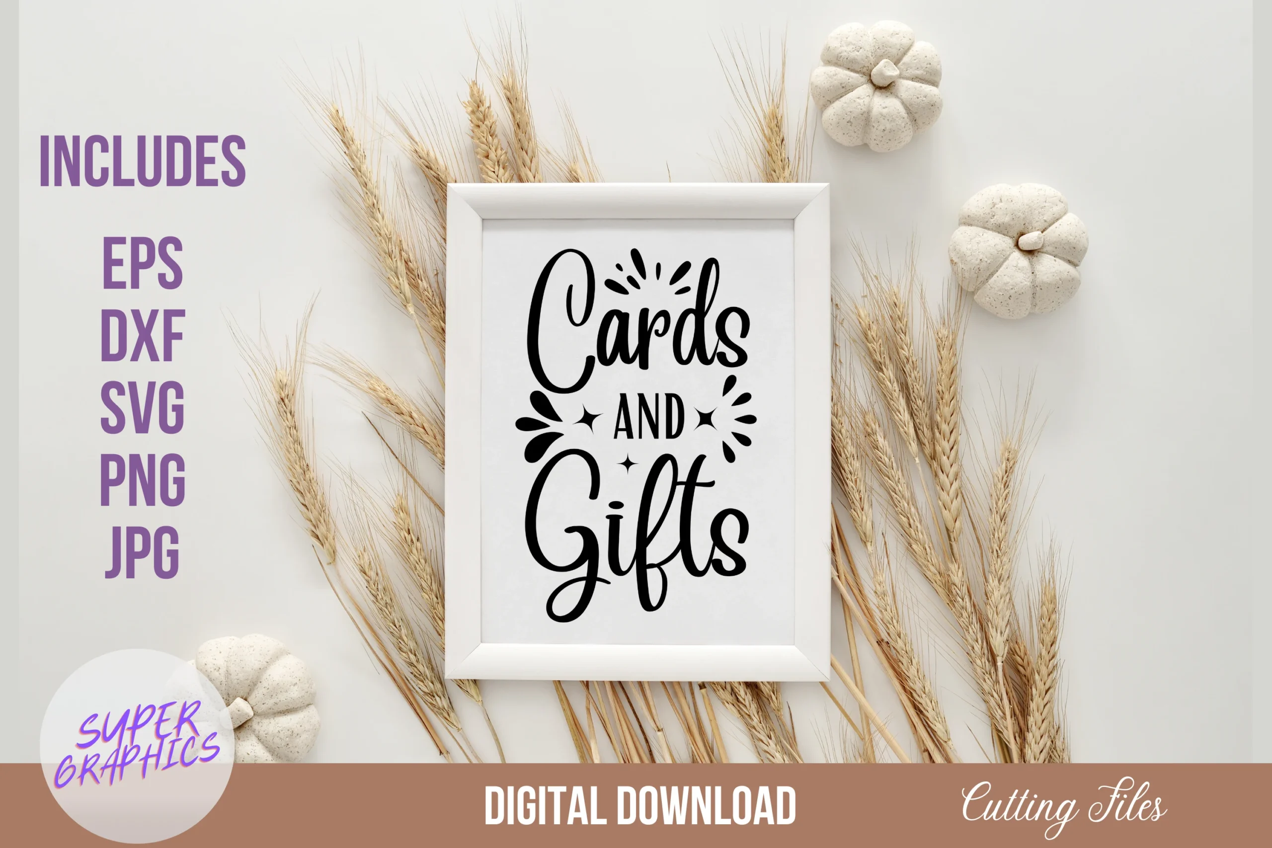 Cards and Gifts | Wedding Sign SVG featuring text and calligraphic script lettering