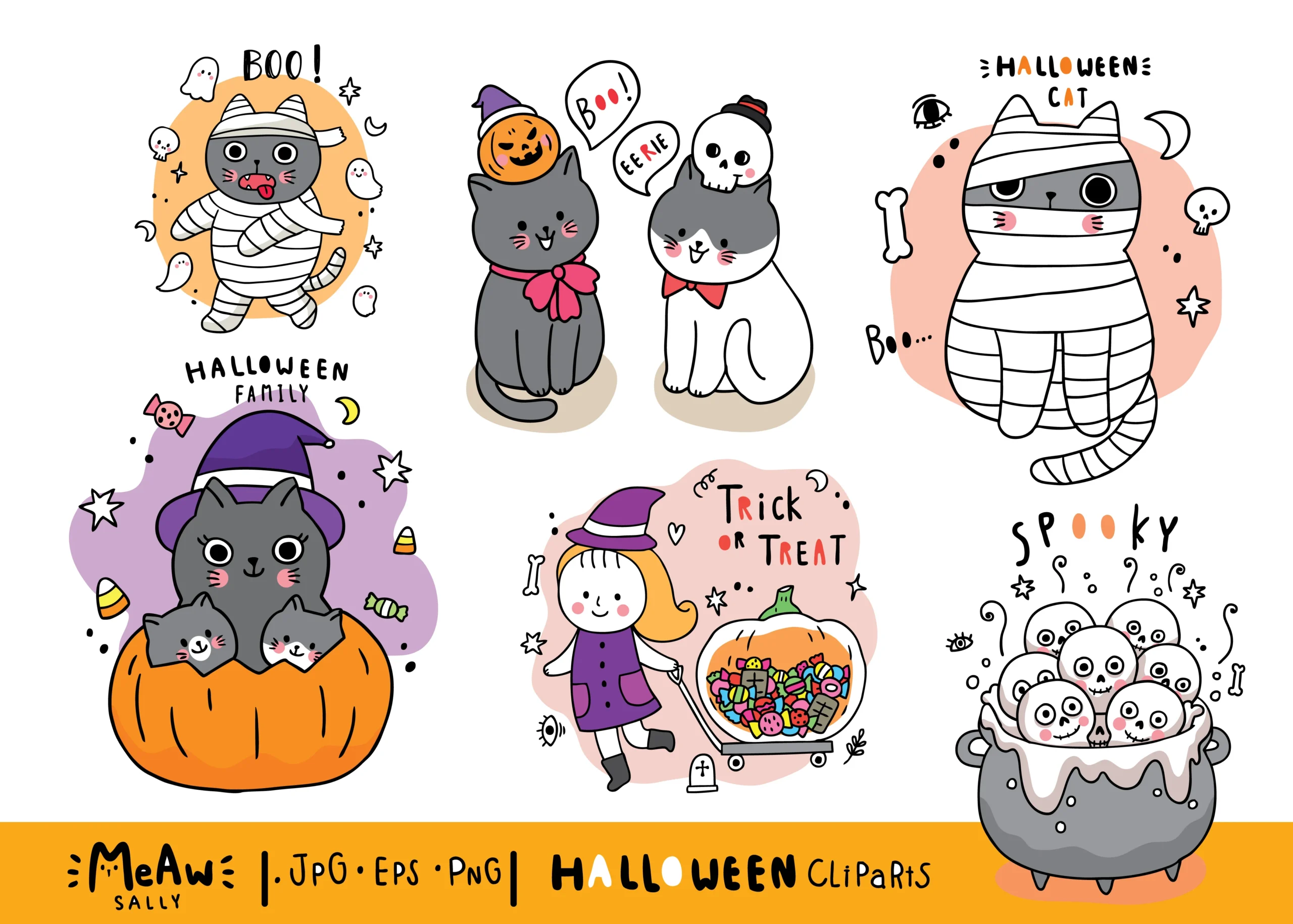 Cartoon Cute Halloween Cat Clipart Set preview showing cats with friendly character styling