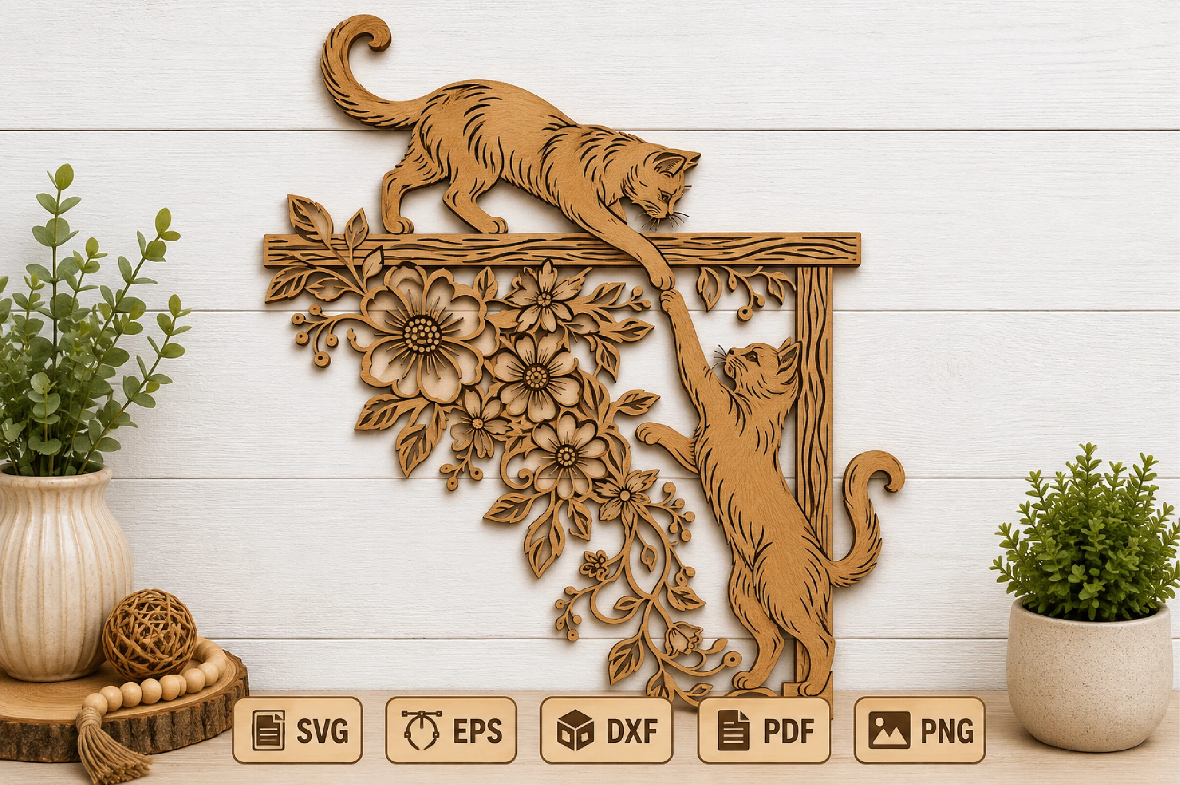 Cat Floral Laser Cut Wall Art featuring cats and flowers