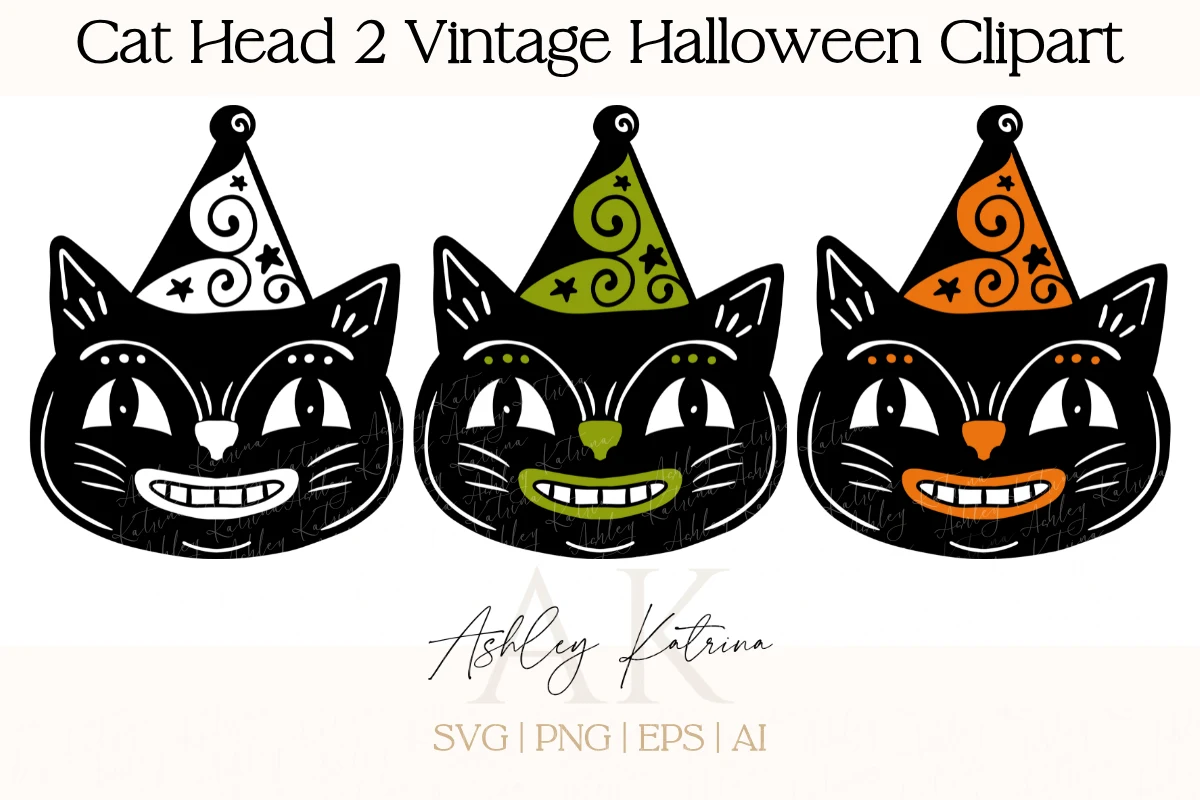 Cat Head 2 Vintage Halloween Clipart clipart design preview