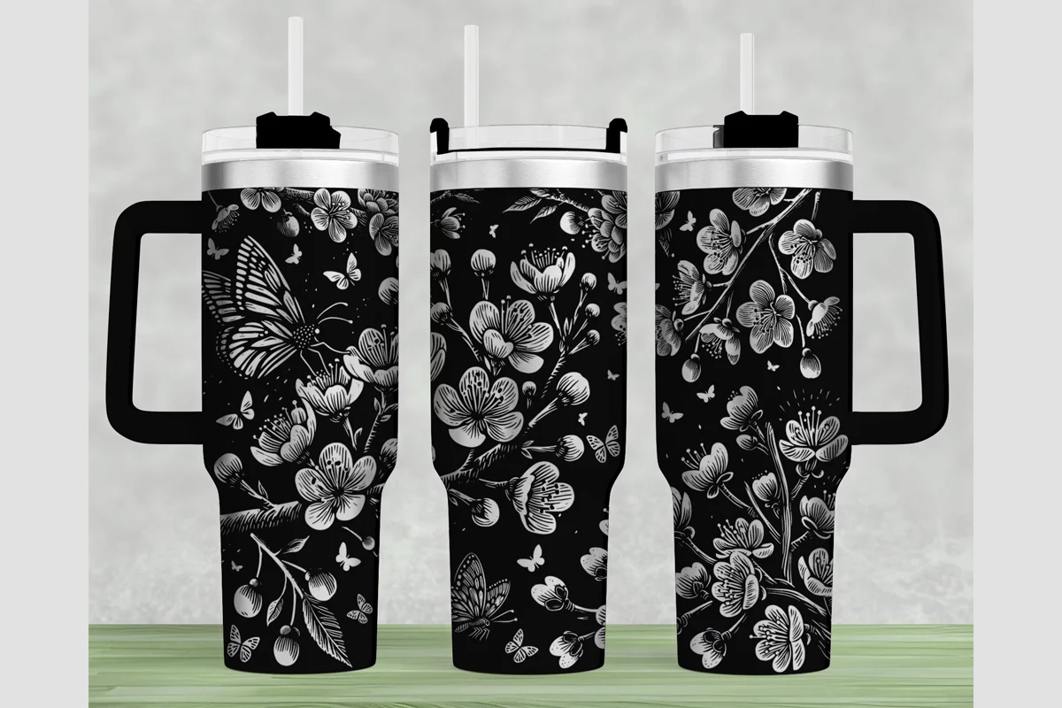 Cherry Blossoms 40oz Laser Tumbler Wrap featuring cherry blossoms and butterflies