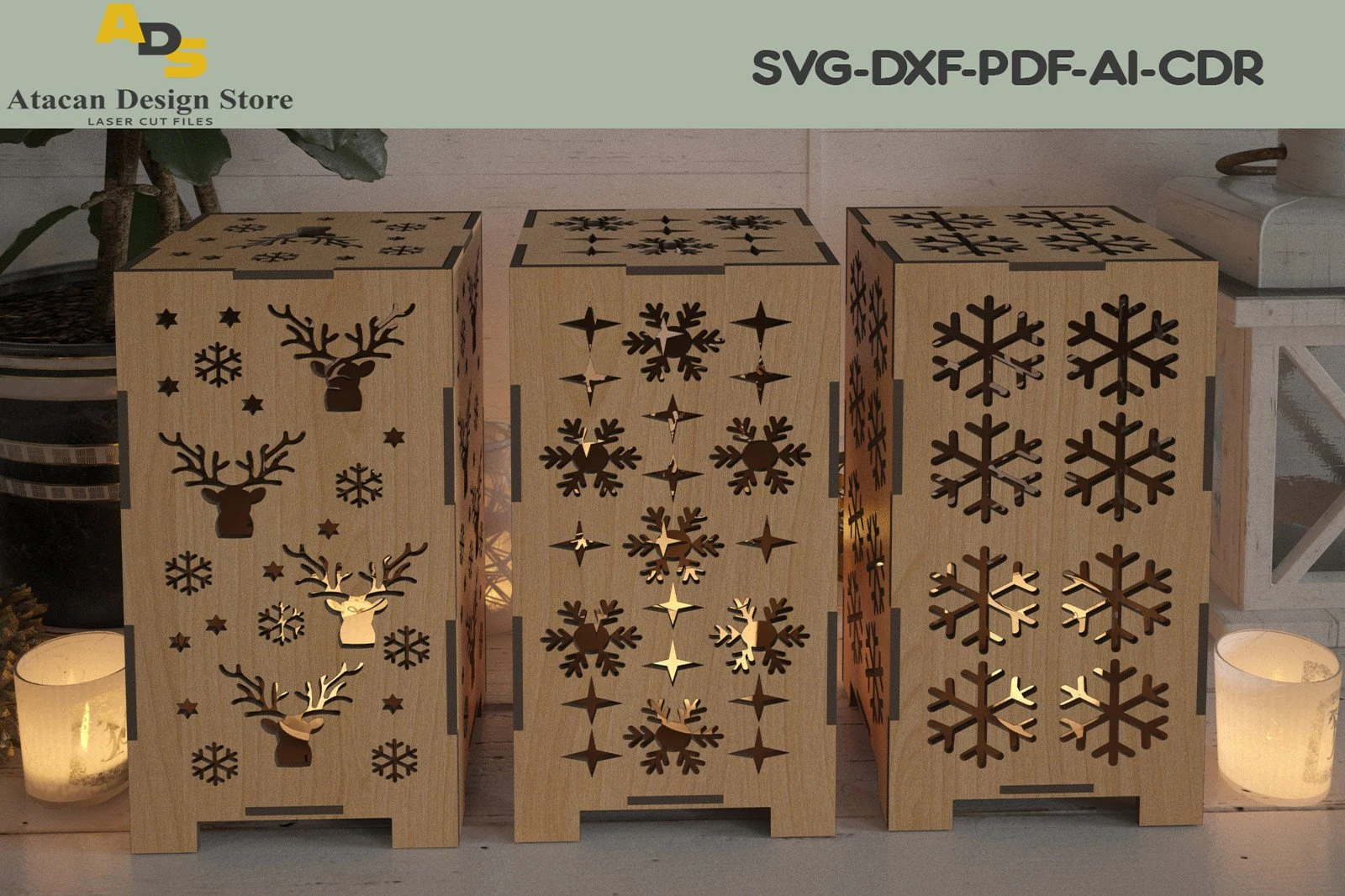 Chiristmas Lamps Laser Cut SVG Bundle preview showing laser-cut design with silhouette