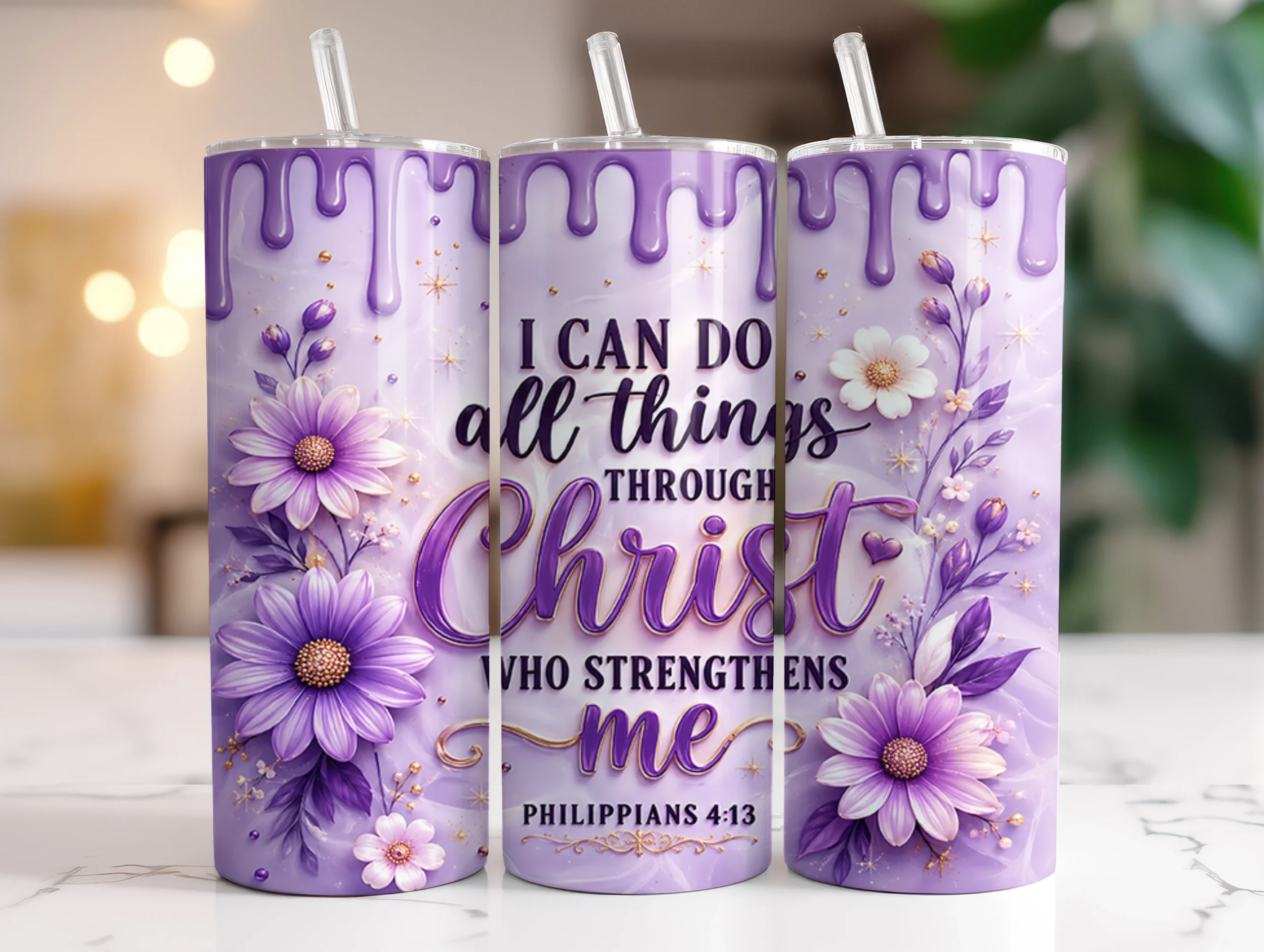 Christian Bible Verse 20oz Tumbler Wraps featuring flowers and daisies