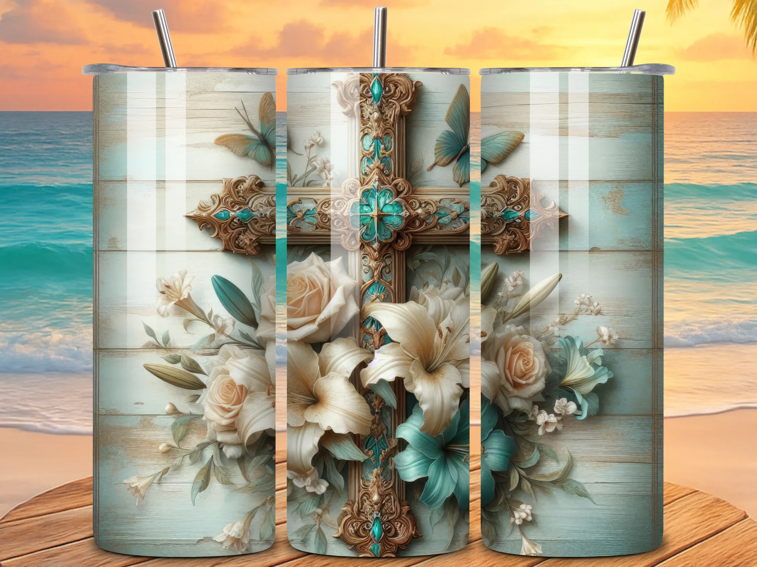 Christian Cross and Floral Tumbler Wraps featuring cross and flowers