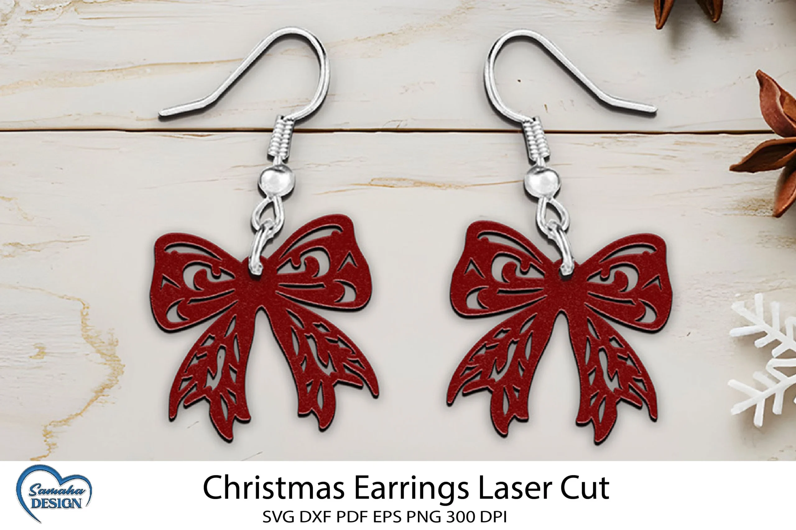 Christmas Bow Laser Cut. Earrings Laser featuring bow and filigree