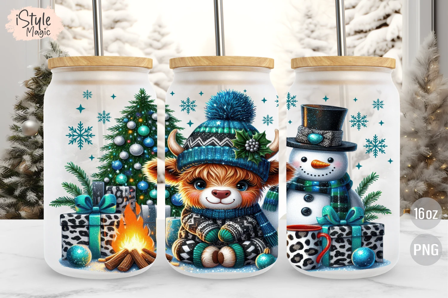 Christmas Highland Cow 16oz Glass Wrap featuring highland cow and snowman