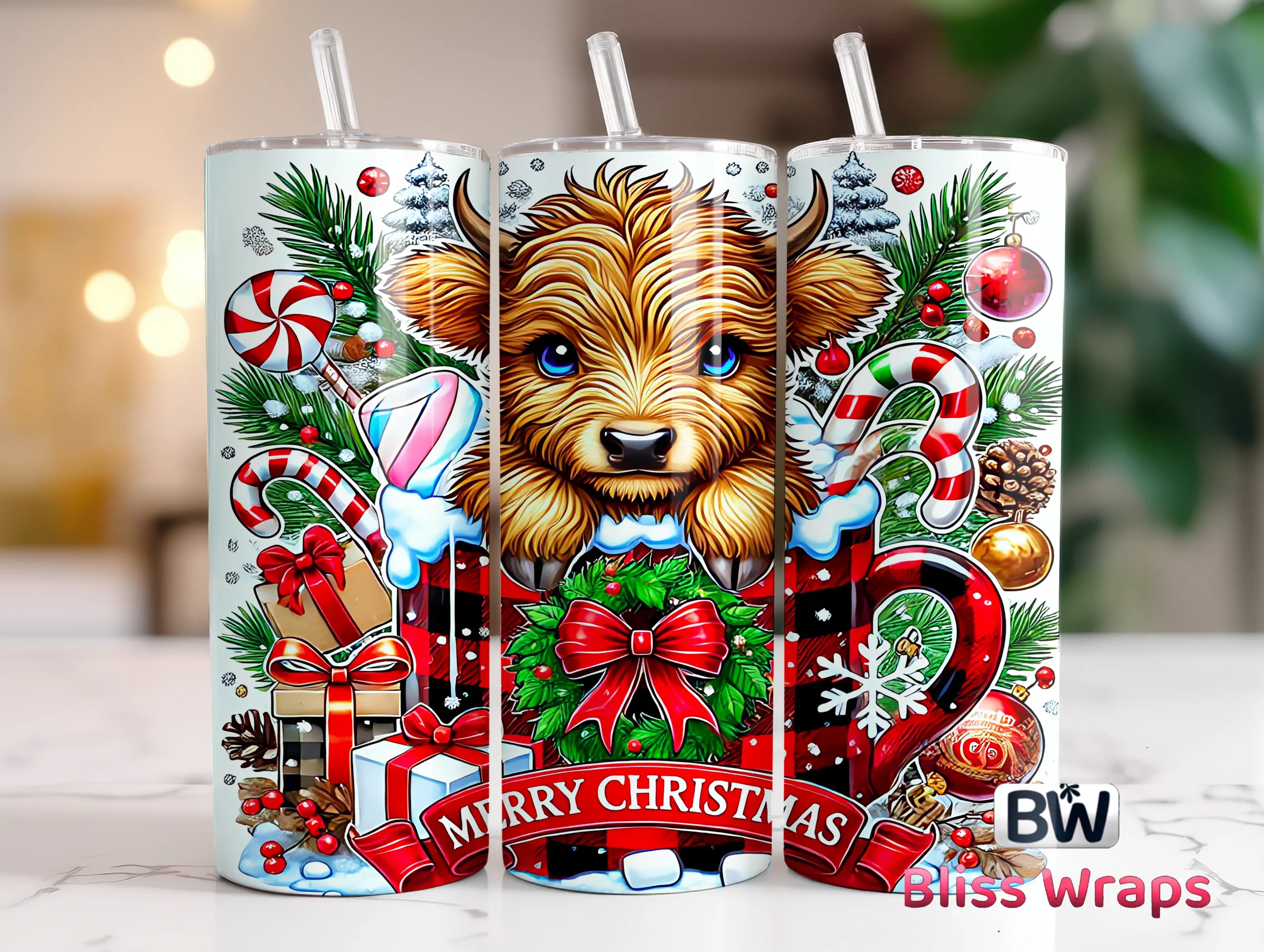Christmas Highland Cow Tumbler Wraps preview showing Christmas motifs with repeat-based layout