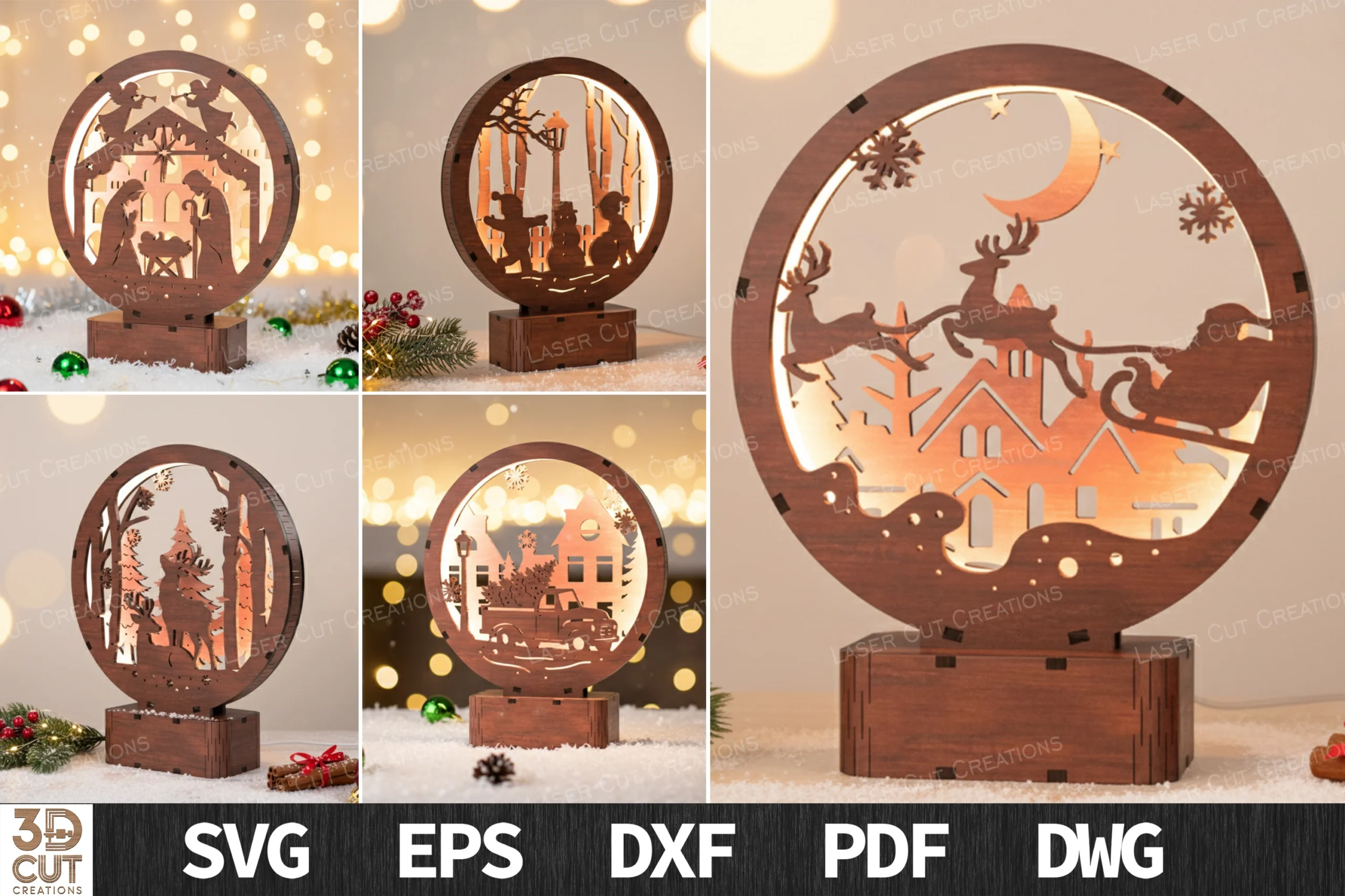 Christmas Layered Light Box SVG Bundle preview showing Christmas motifs with layered depth