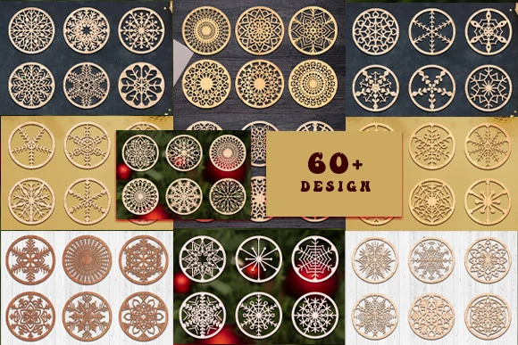 Coasters Laser Cut Set Svg Bundle 2 featuring snowflakes and mandala patterns