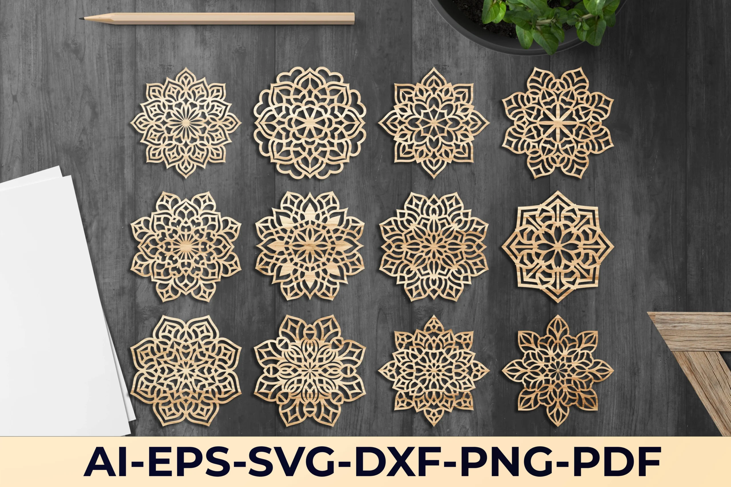 Coasters Laser Cut SVG Files Bundle V62 featuring mandala and floral ornament