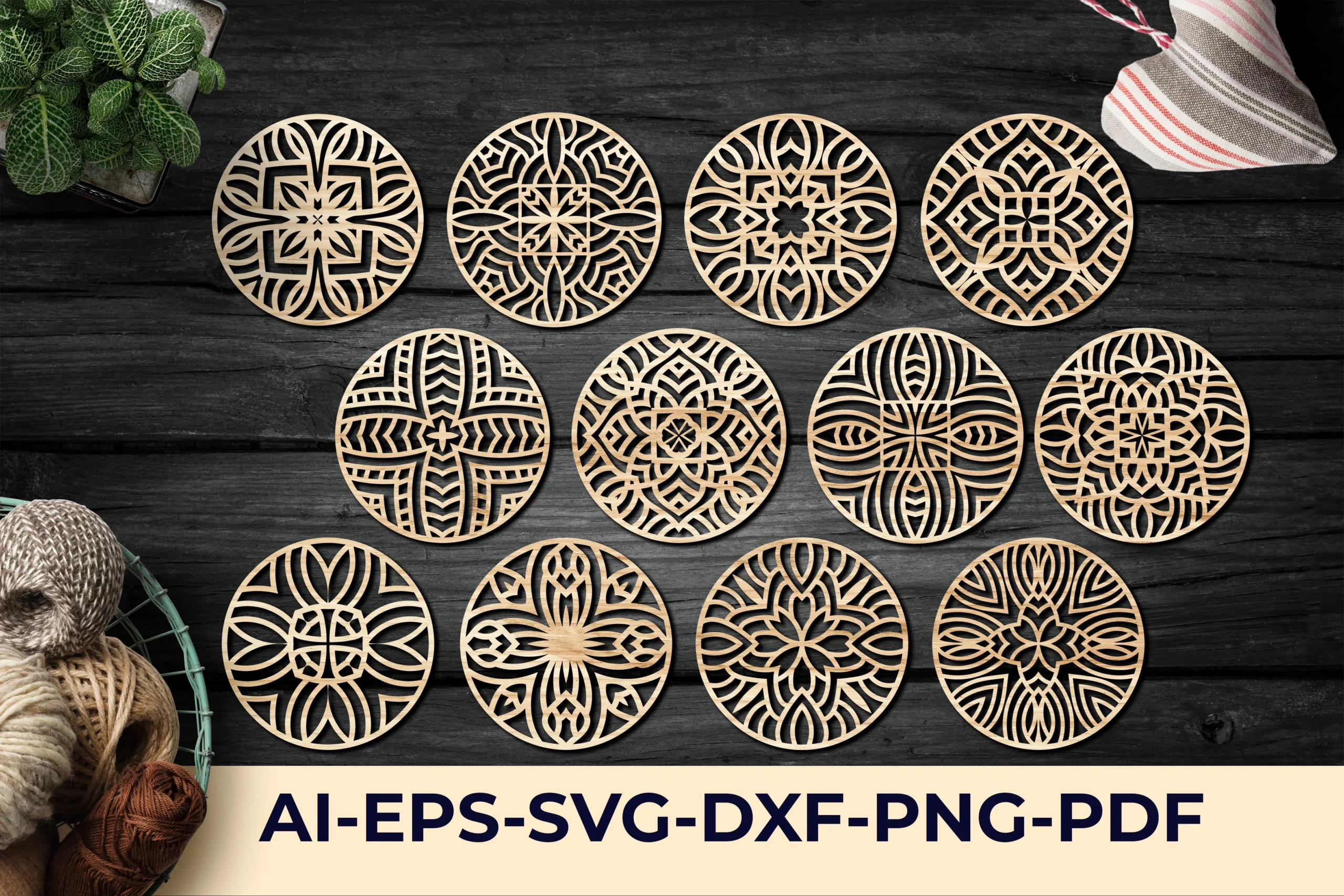 Coasters Laser Cut SVG Files Bundle V63 featuring mandala and geometric ornament