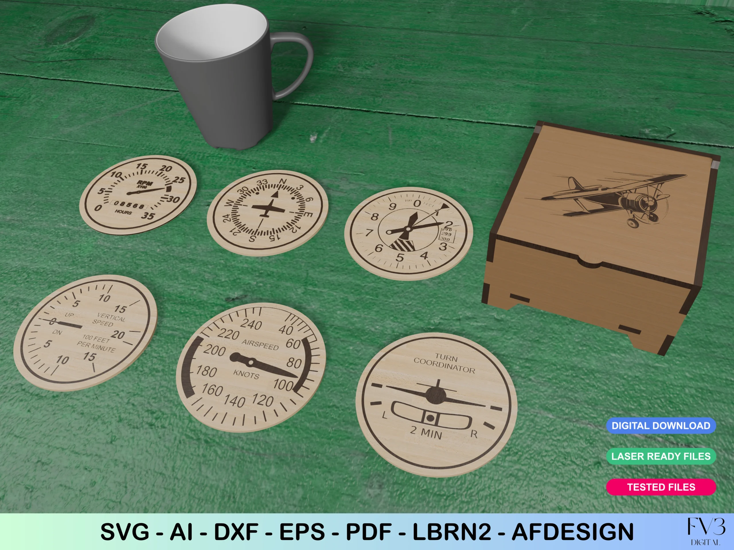 Coasters Laser Files Airplane Instrument featuring aviation instrument gauges and airplane