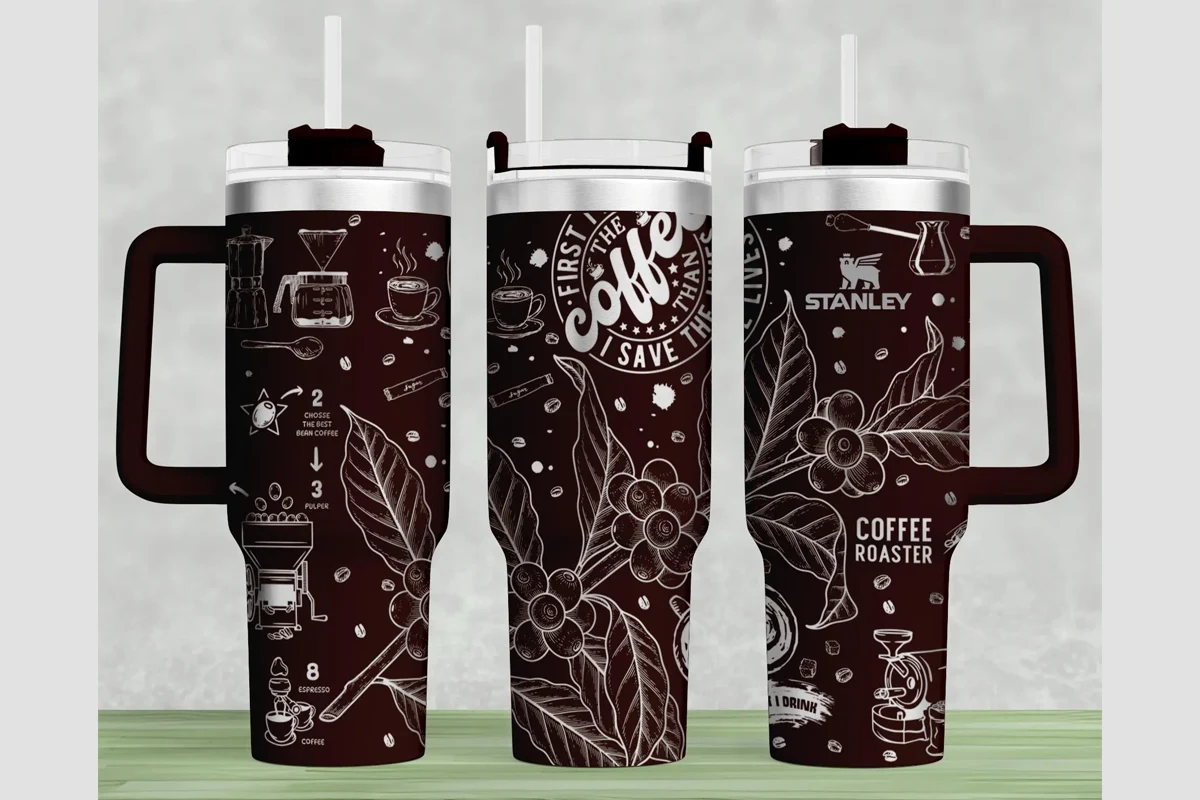 Coffee Stanley 40oz Laser Wrap SVG featuring coffee beans and coffee leaves