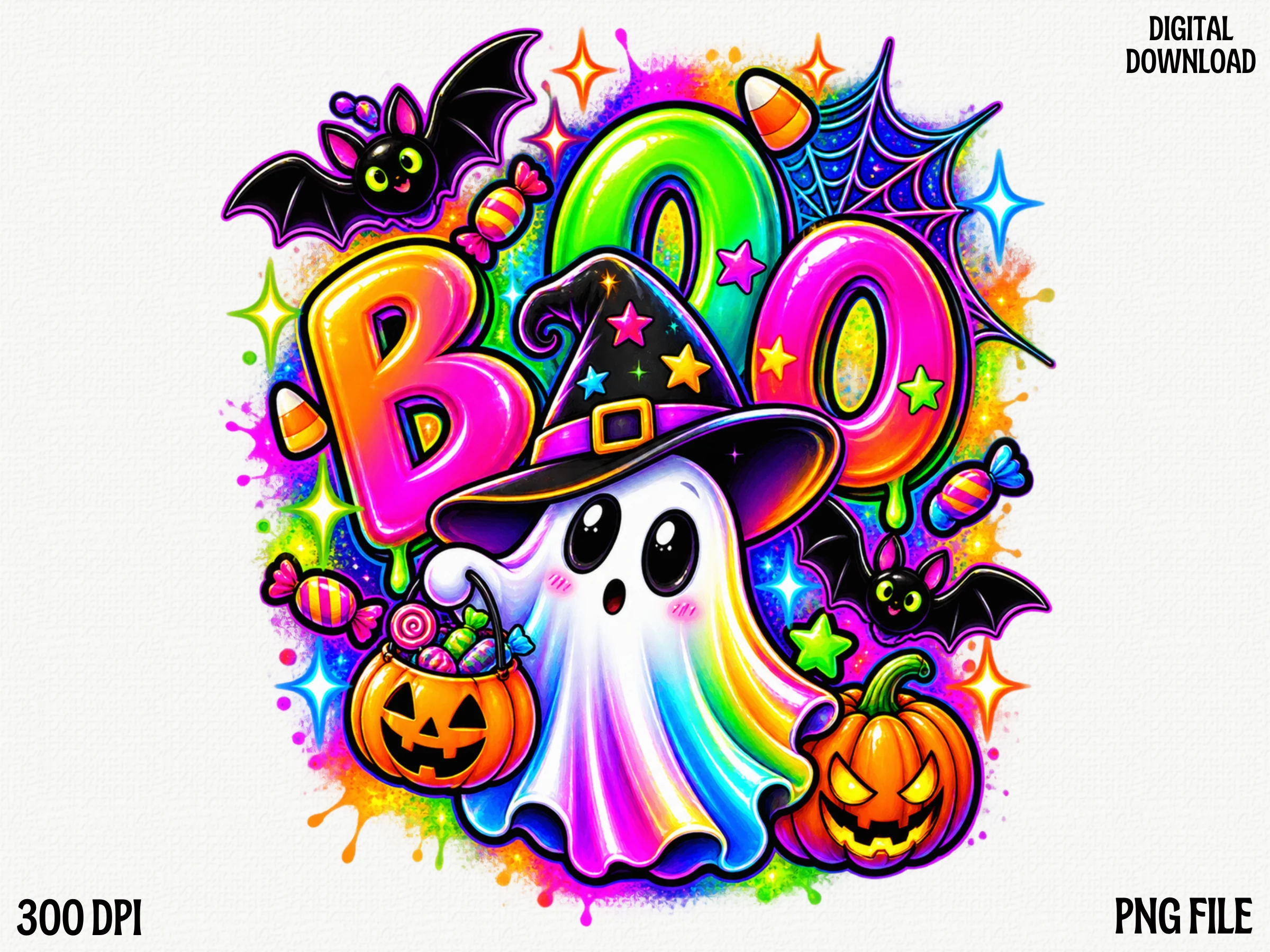 Colorful Cute Halloween Clipart PNG featuring ghost and witch hat