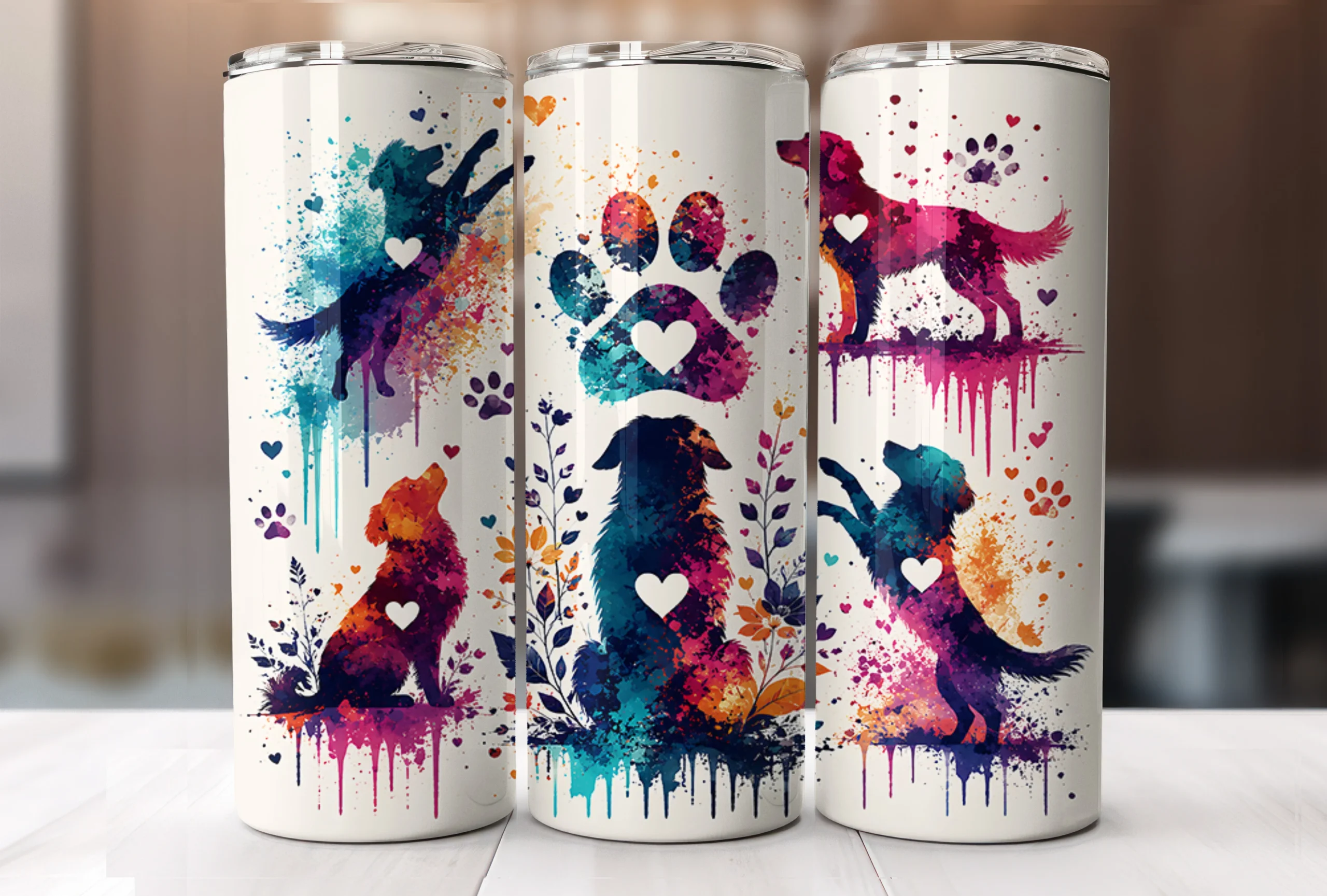 Colorful Dog Lover 20oz Tumbler Wrap PNG featuring dogs and paw prints