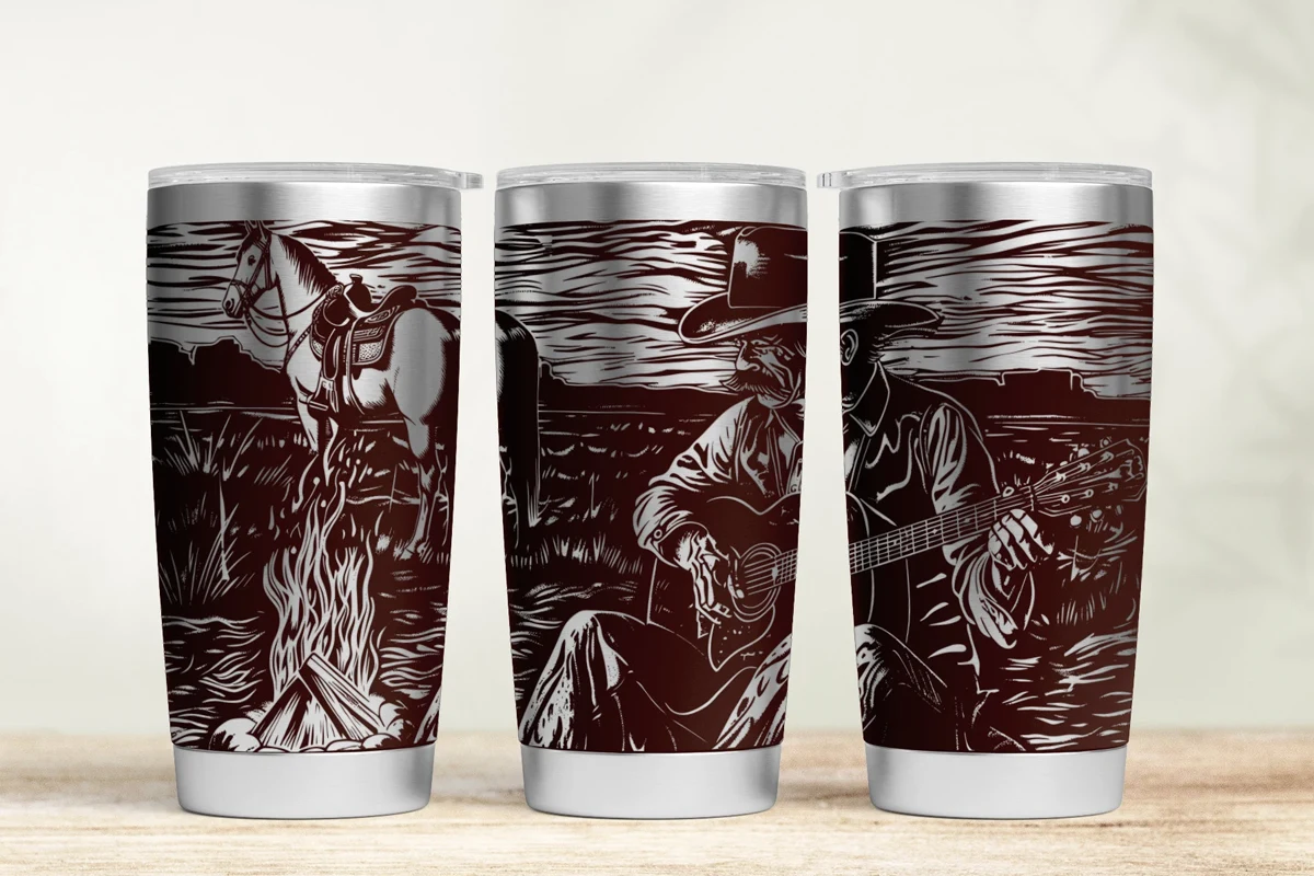 Cowboy 20oz 30oz Laser Tumbler Wrap SVG featuring cowboy and acoustic guitar