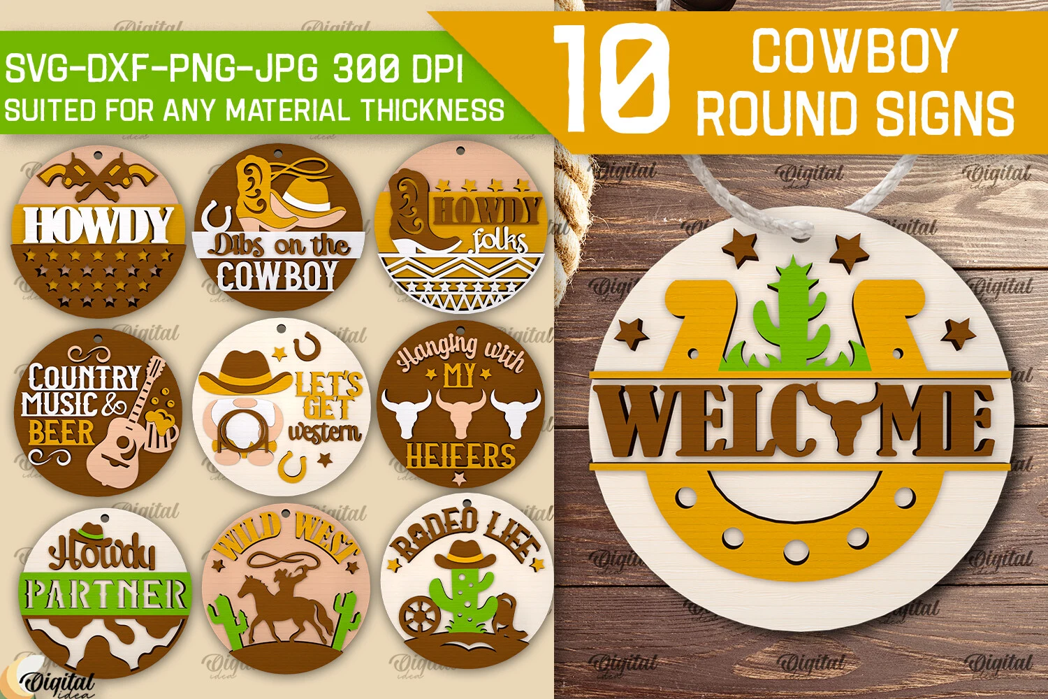 Cowboy Round Signs Laser Cut Bundle featuring cowboy boots and cowboy hats
