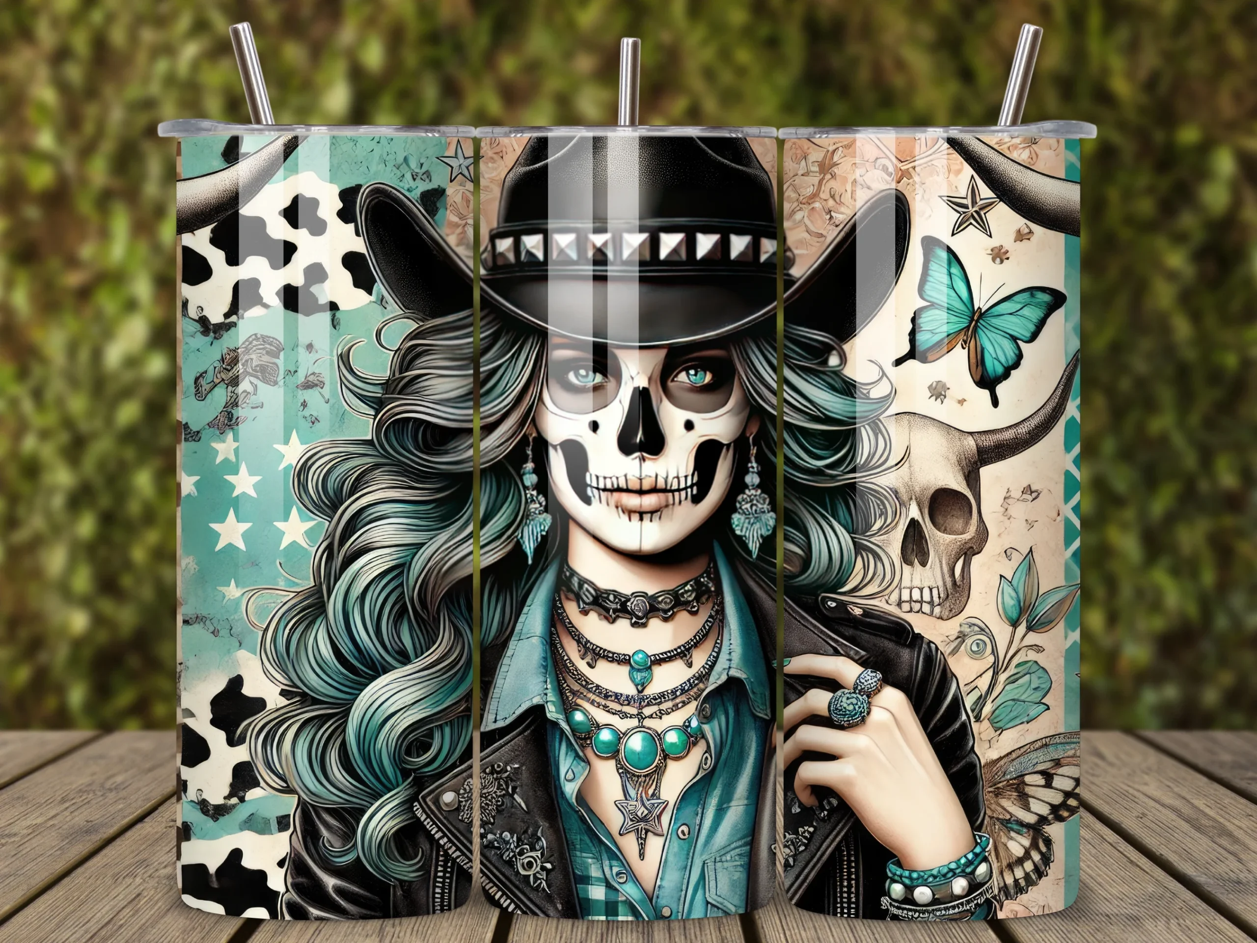 Cowgirl Skeleton Western Tumbler Wraps featuring cowgirl with skull makeup and cow skull