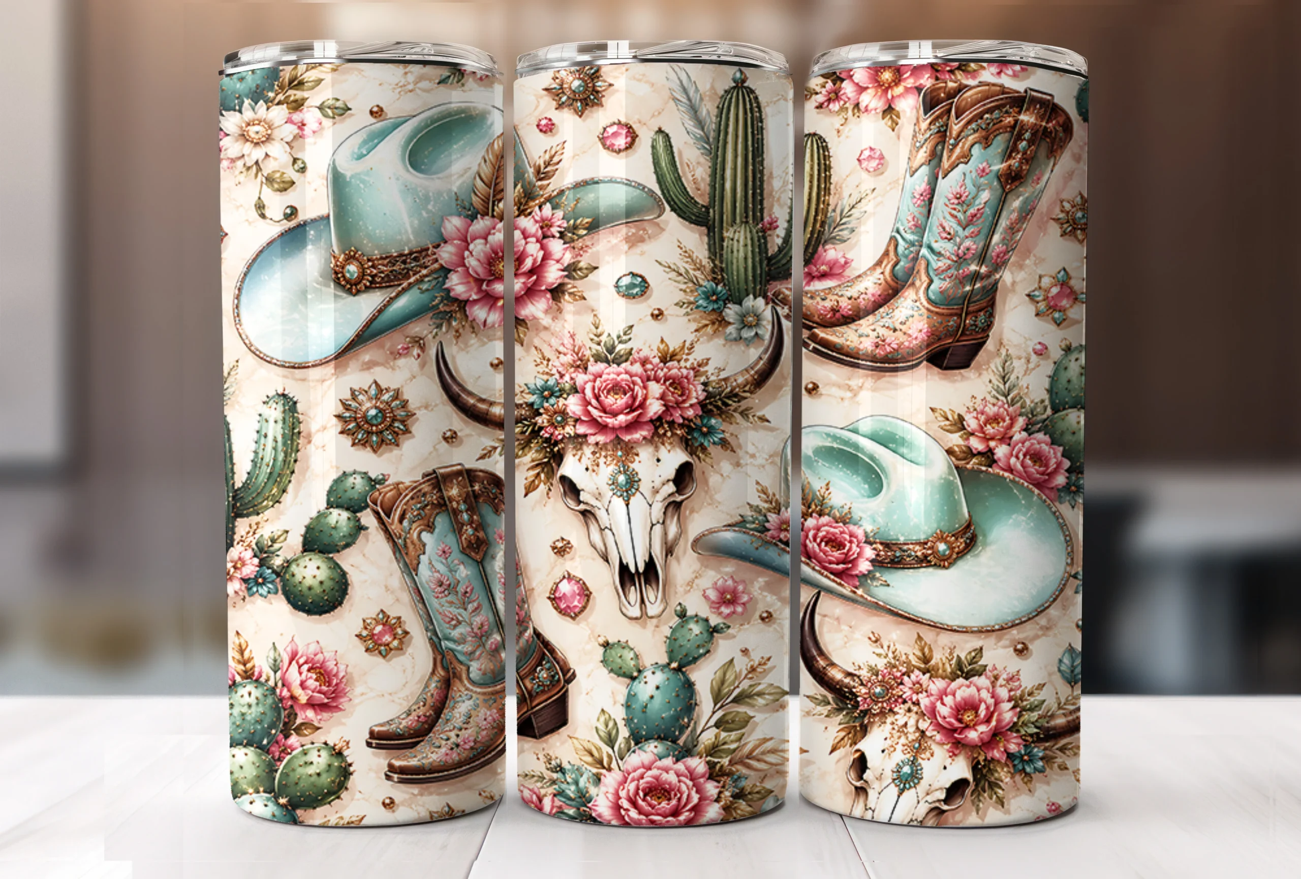 Cowgirl Western 20oz Tumbler Wrap PNG featuring cowboy hat and cowboy boots
