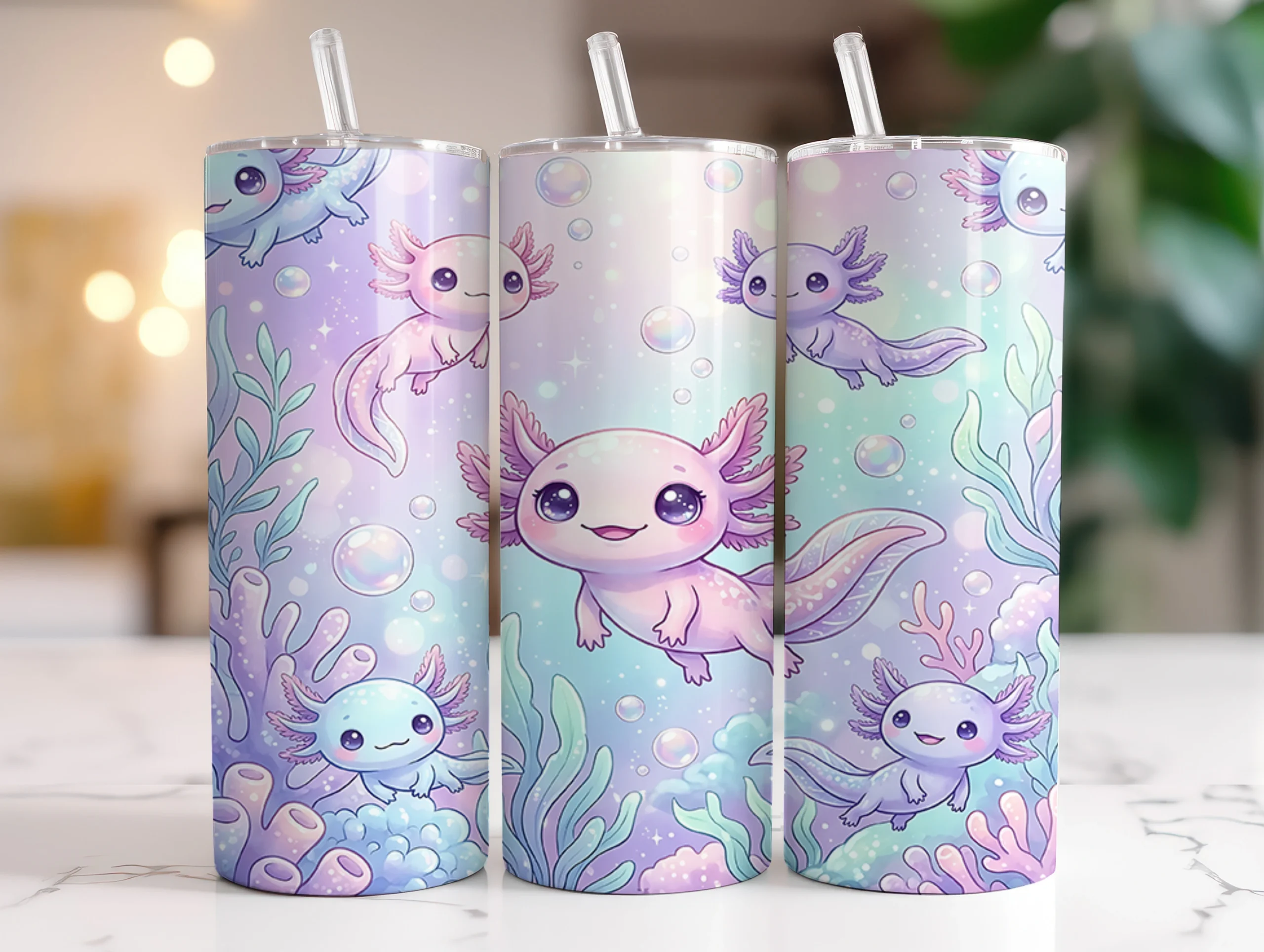 Cute Axolotl Pastel 20oz Tumbler Wraps featuring axolotl and seaweed