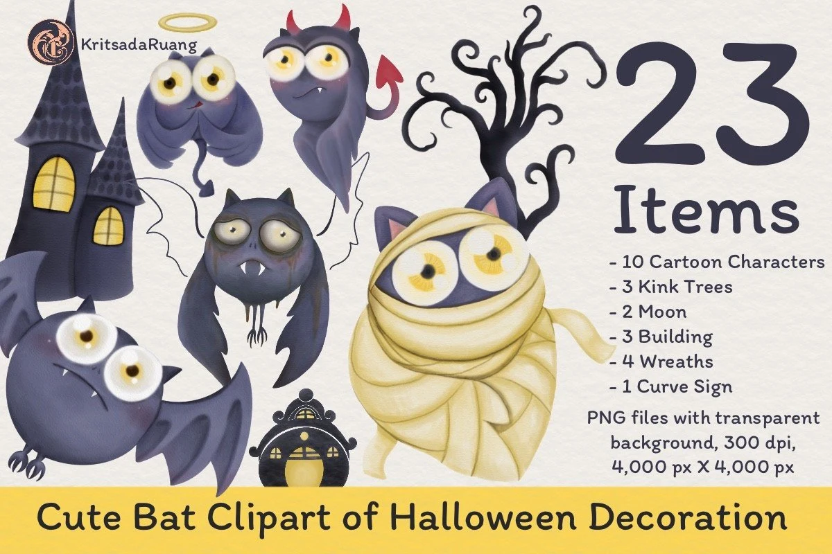 Cute Bat Clipart of Halloween Decoration featuring 23 illustrated assets including cartoon bats, a mummy, an angel, a devil, haunted houses, and spooky trees in a whimsical digital style.