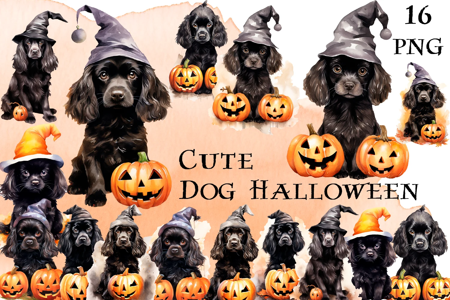 Cute Dog Halloween & Pumpkin Clipart PNG featuring black spaniel puppies and jack-o'-lanterns