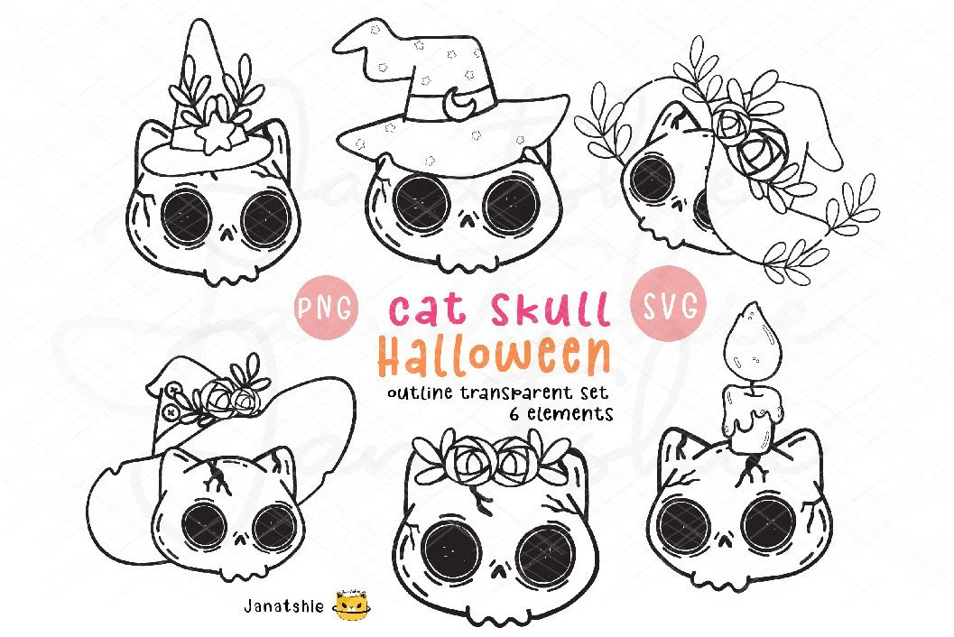 Cute Halloween Cat Skull Outline Svg Set preview showing cats with friendly character styling