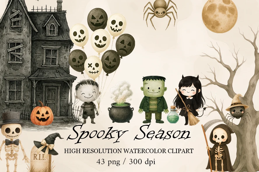 Cute Halloween Clipart Bundle featuring haunted house and pumpkins