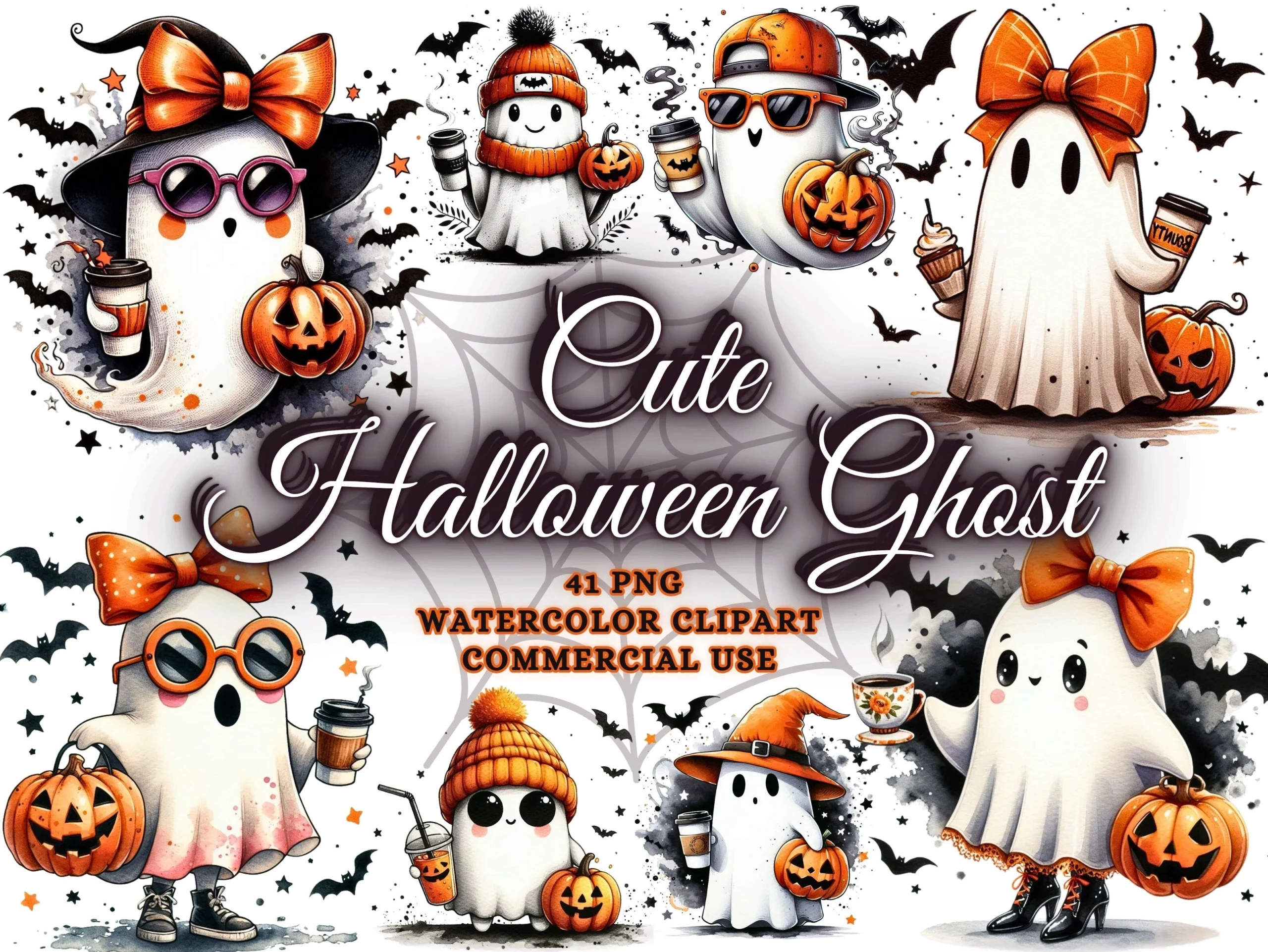 Cute Halloween Clipart Ghost Png Bundle featuring ghosts and jack-o'-lanterns