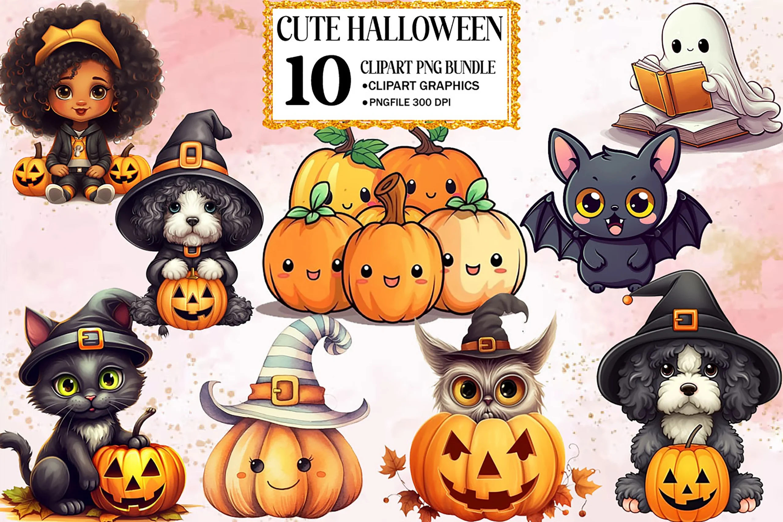 Cute Halloween Clipart PNG Bundle featuring girl with afro and puppy