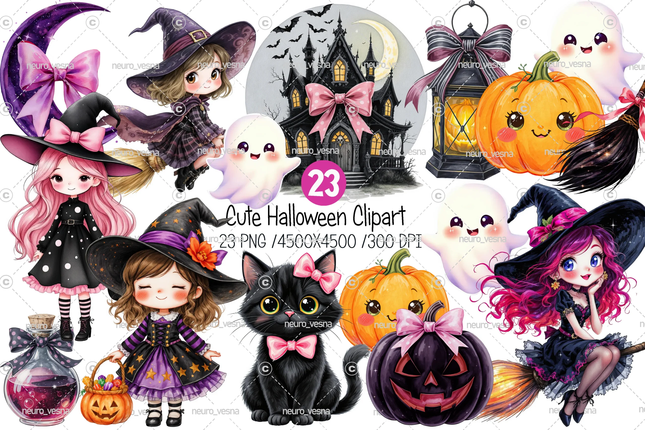 Cute Halloween Clipart PNG featuring witches and ghosts