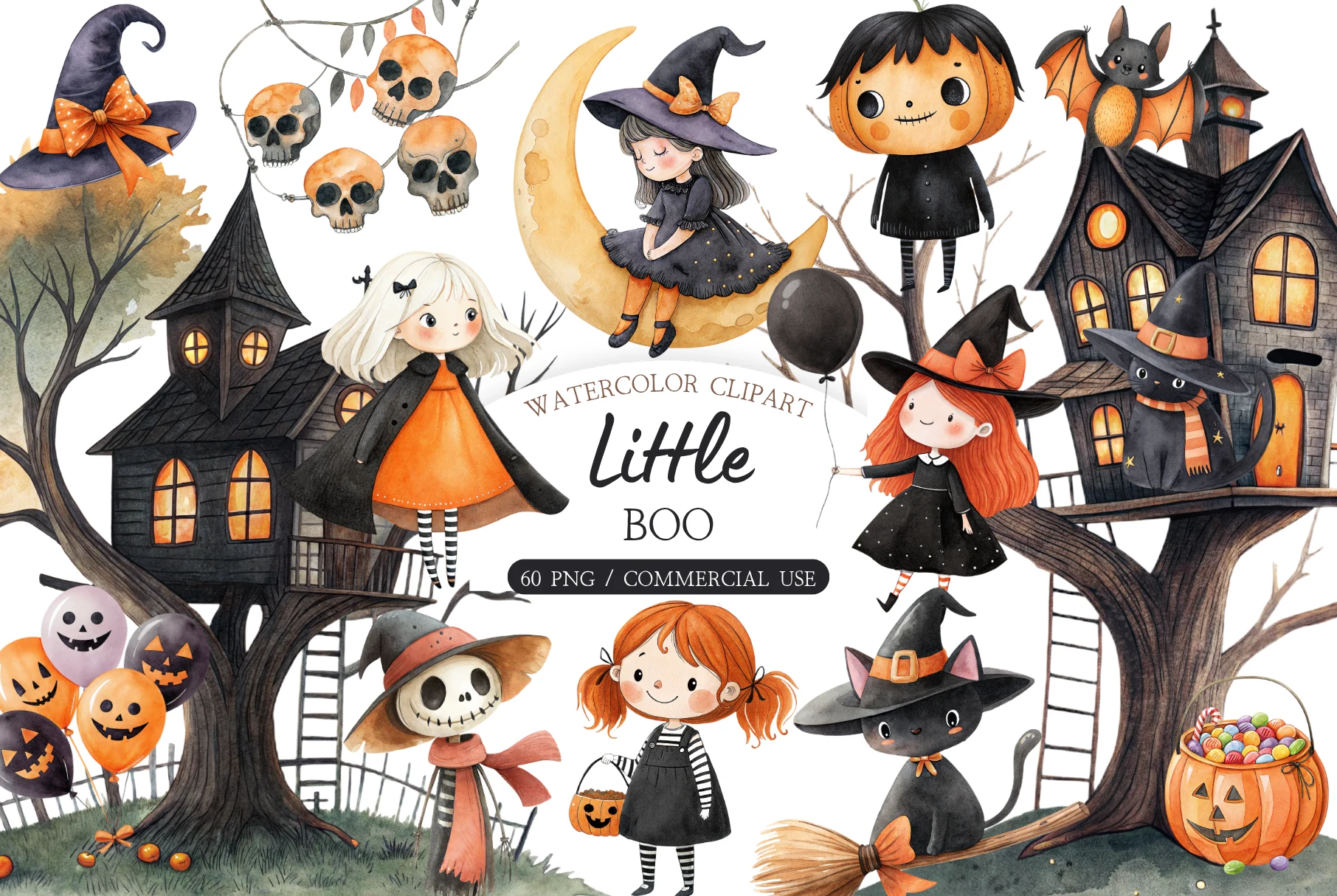 Cute Halloween Clipart PNG featuring witches and cats