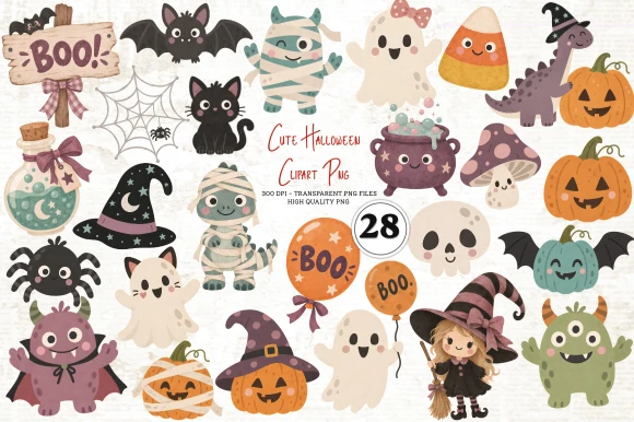Cute Halloween Clipart Set PNG featuring ghosts and pumpkins