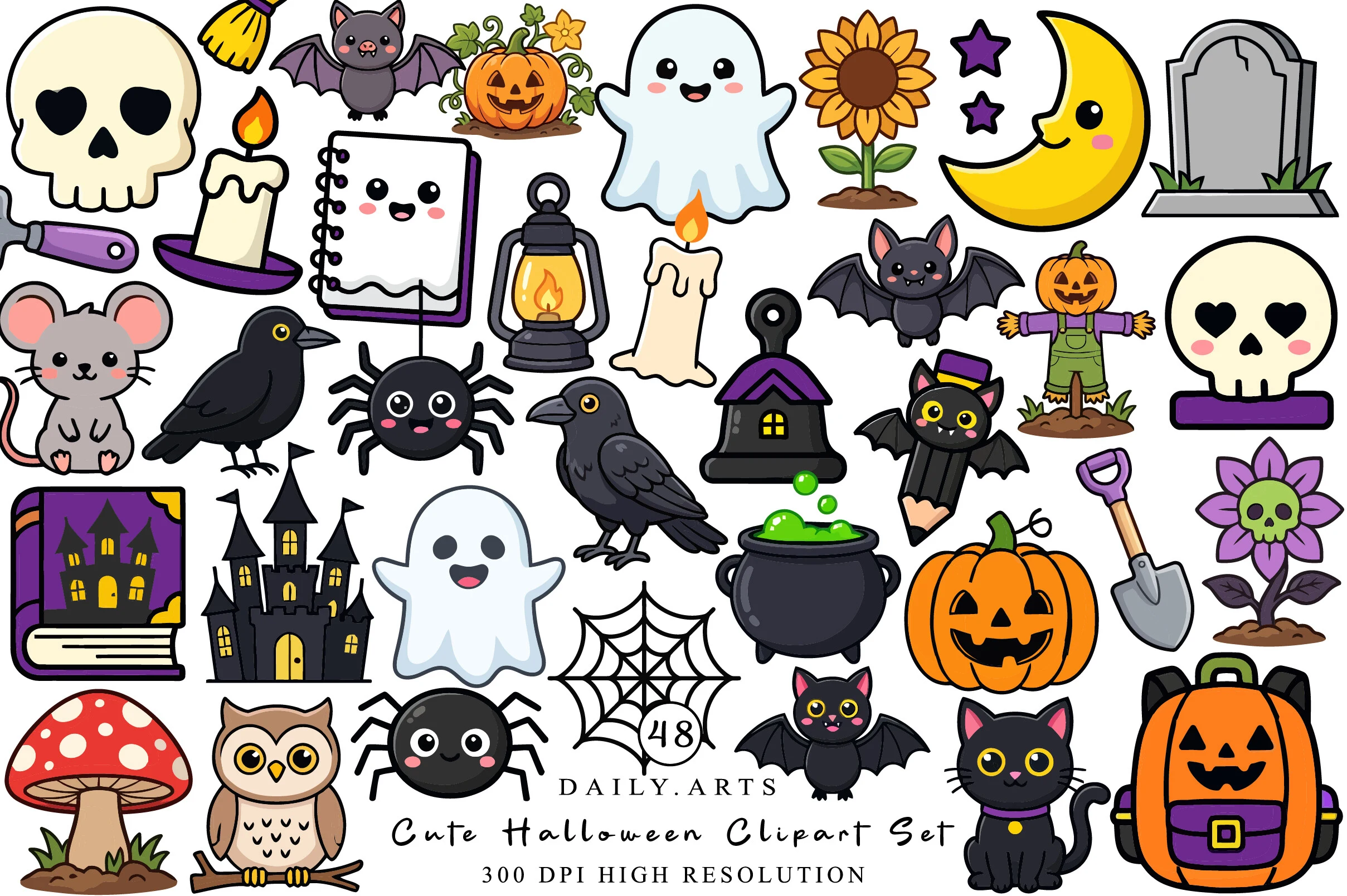 Cute Halloween Clipart Set featuring a diverse collection of colorful, cartoon-style icons including ghosts, pumpkins, bats, skulls, and other spooky-themed objects designed with thick outlines and a kawaii aesthetic.