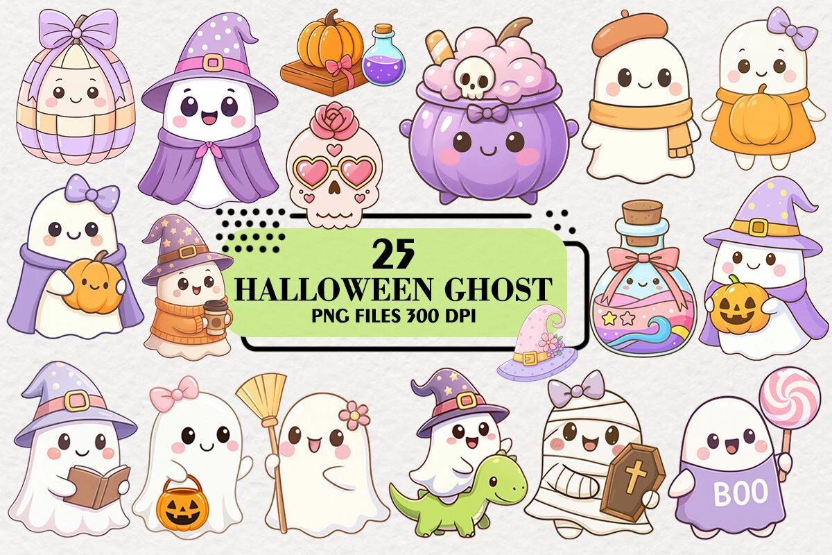 Cute Halloween Ghost Clipart featuring ghost and witch