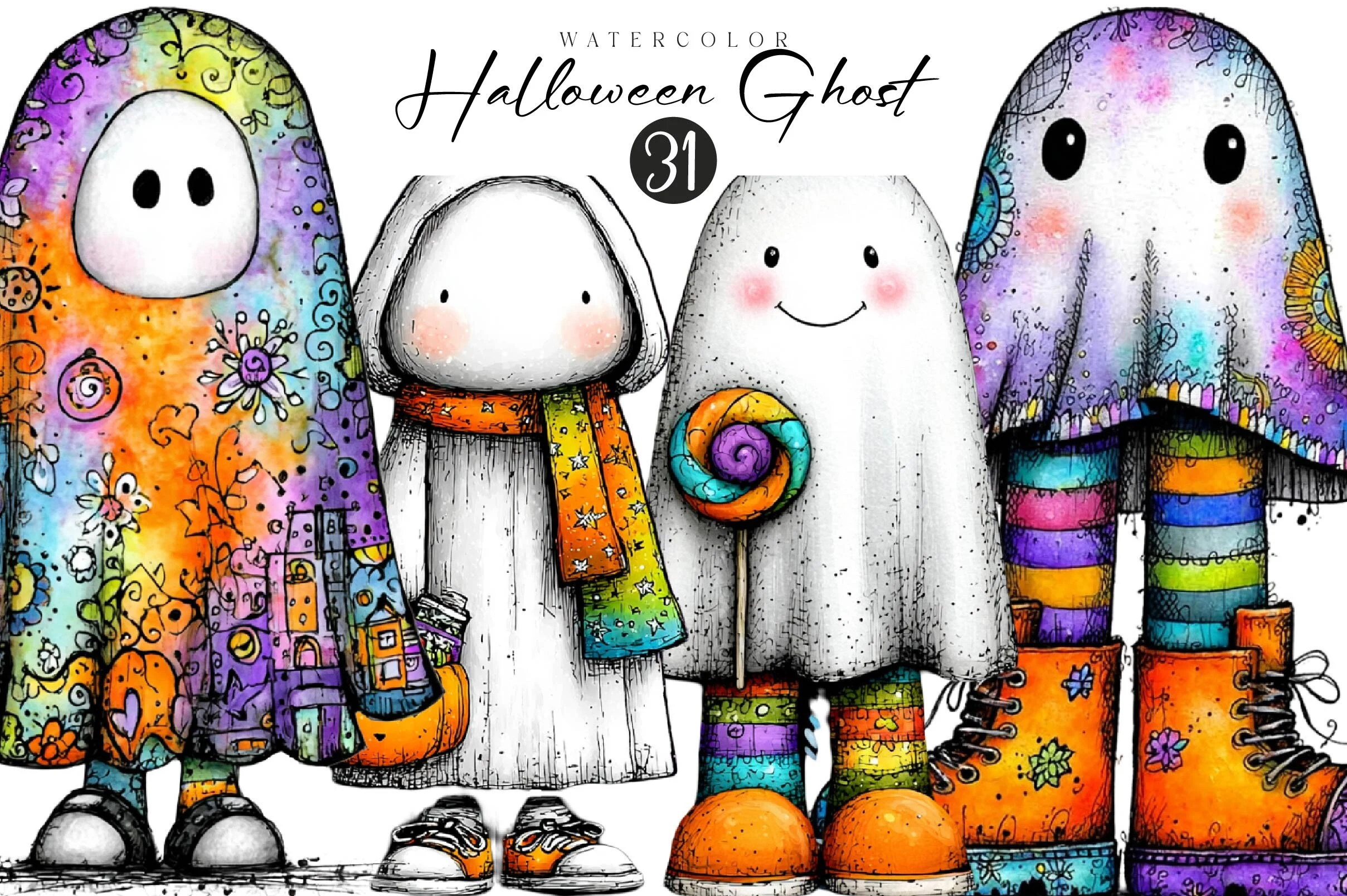 Cute Halloween Ghost Clipart featuring ghosts and children in costumes