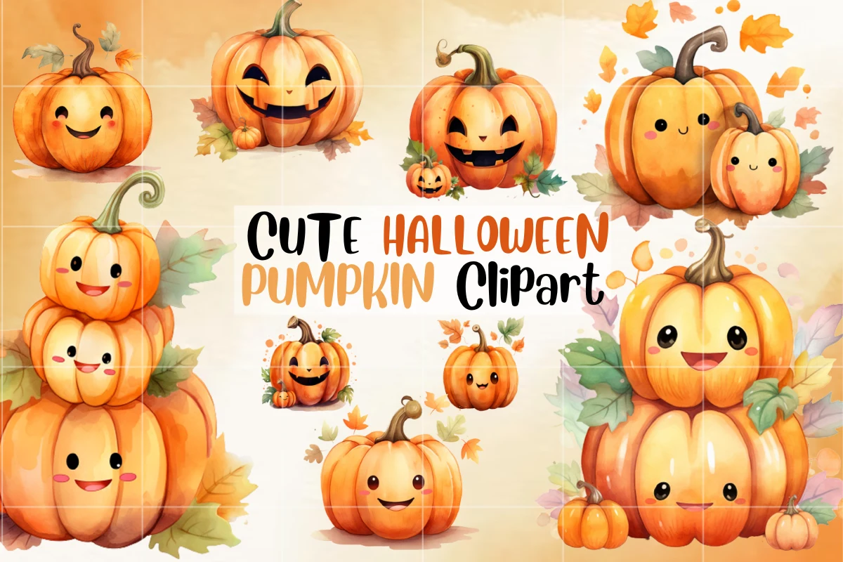 CUTE HALLOWEEN PUMPKIN Clipart features a variety of cheerful, watercolor-style jack-o'-lanterns and pumpkins, some standing alone and others stacked in small clusters, decorated with light autumn foliage on a neutral background.