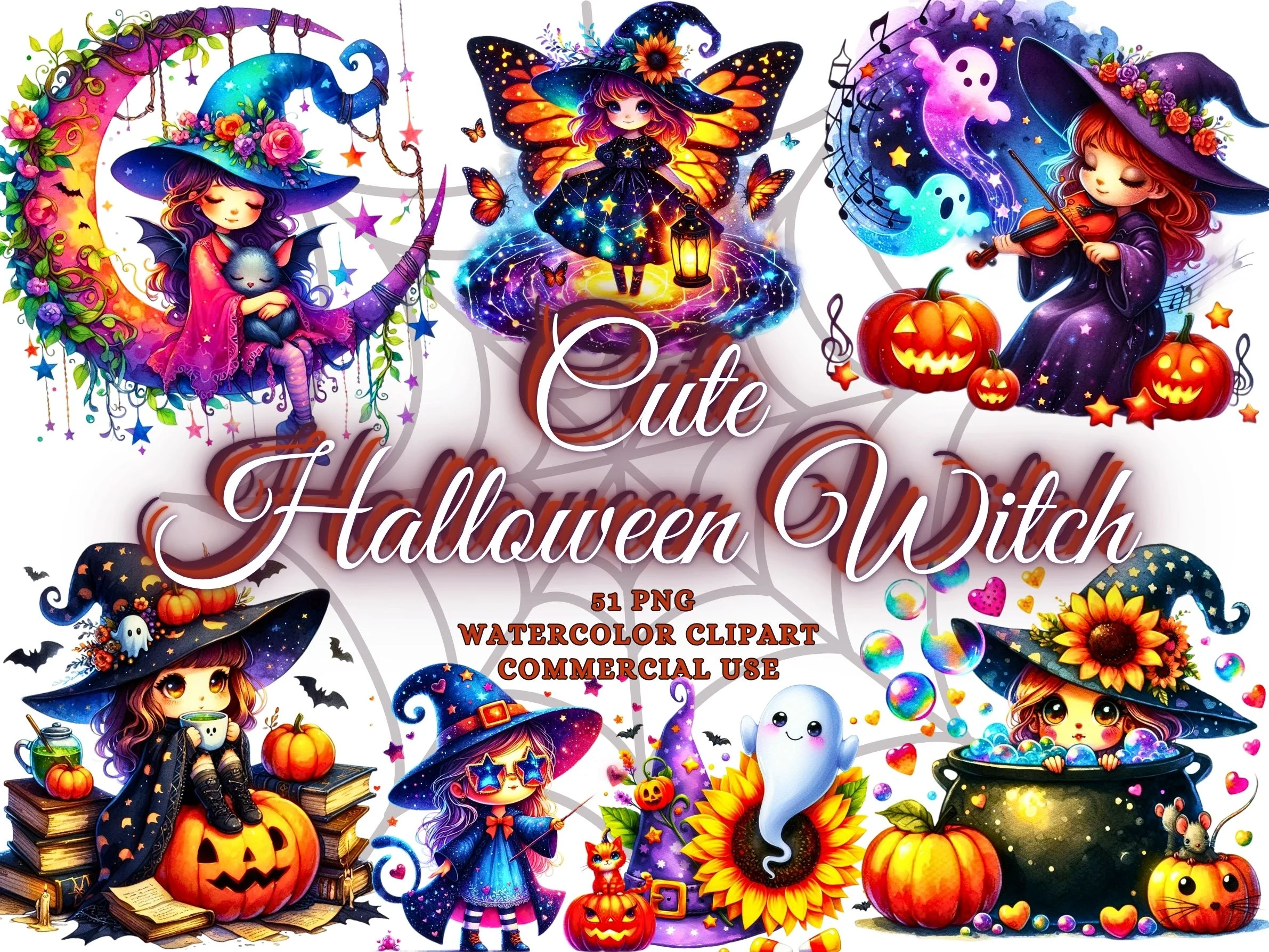 Cute Halloween Witch Clipart Png Bundle featuring witches and pumpkins