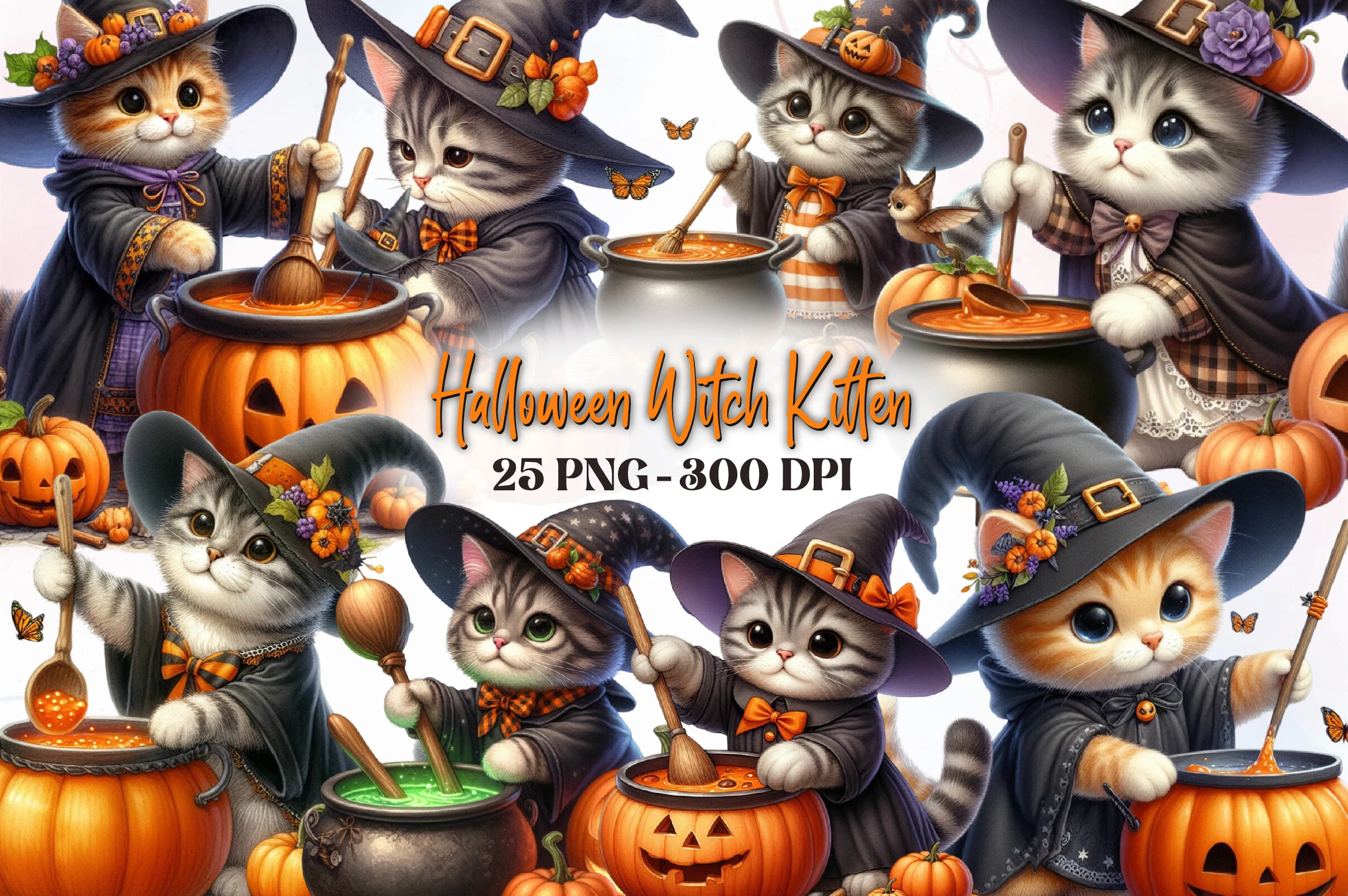 Cute Halloween Witch Kitten Clipart featuring kittens and witches