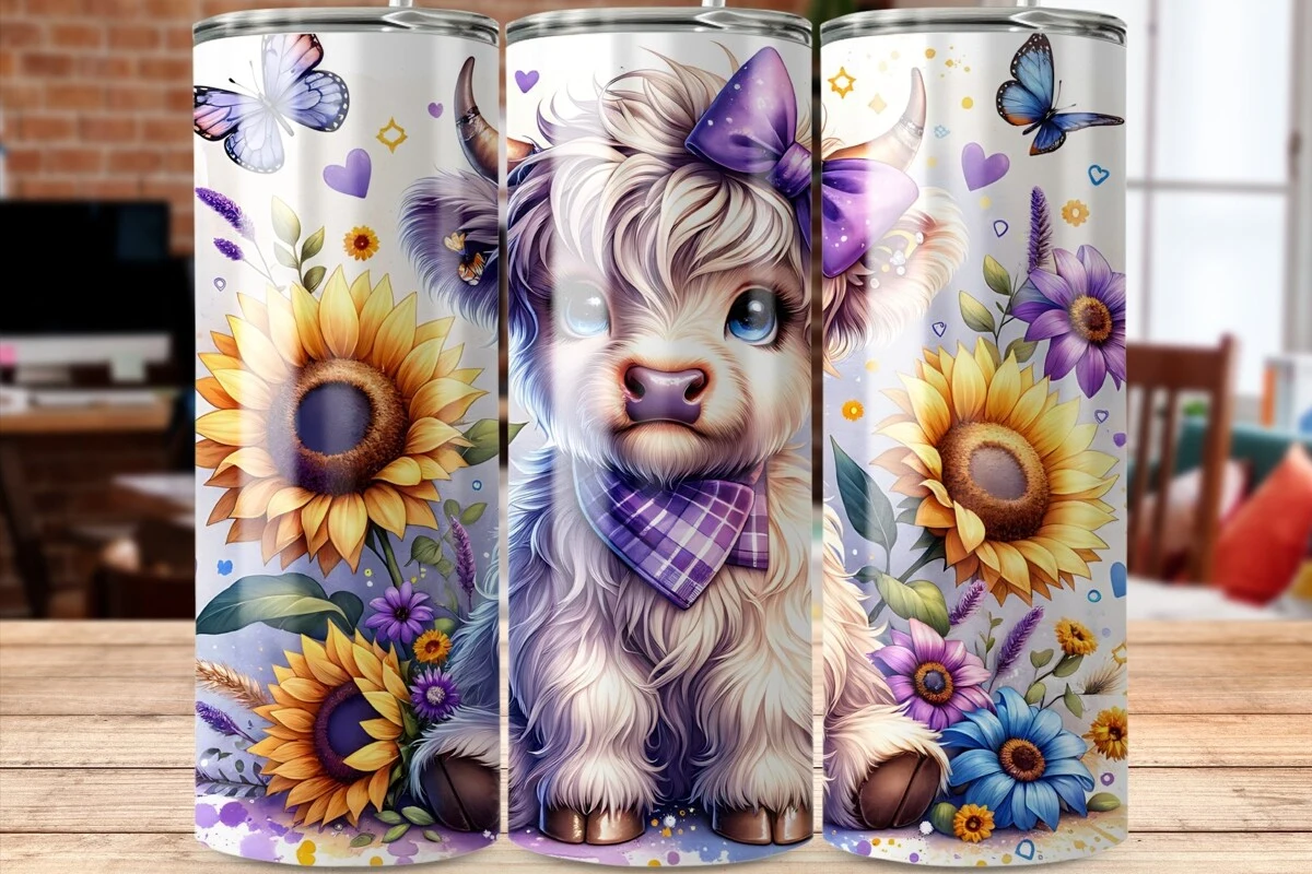 Cute Highland Cow Tumbler Wrap Png featuring Highland cow and sunflower