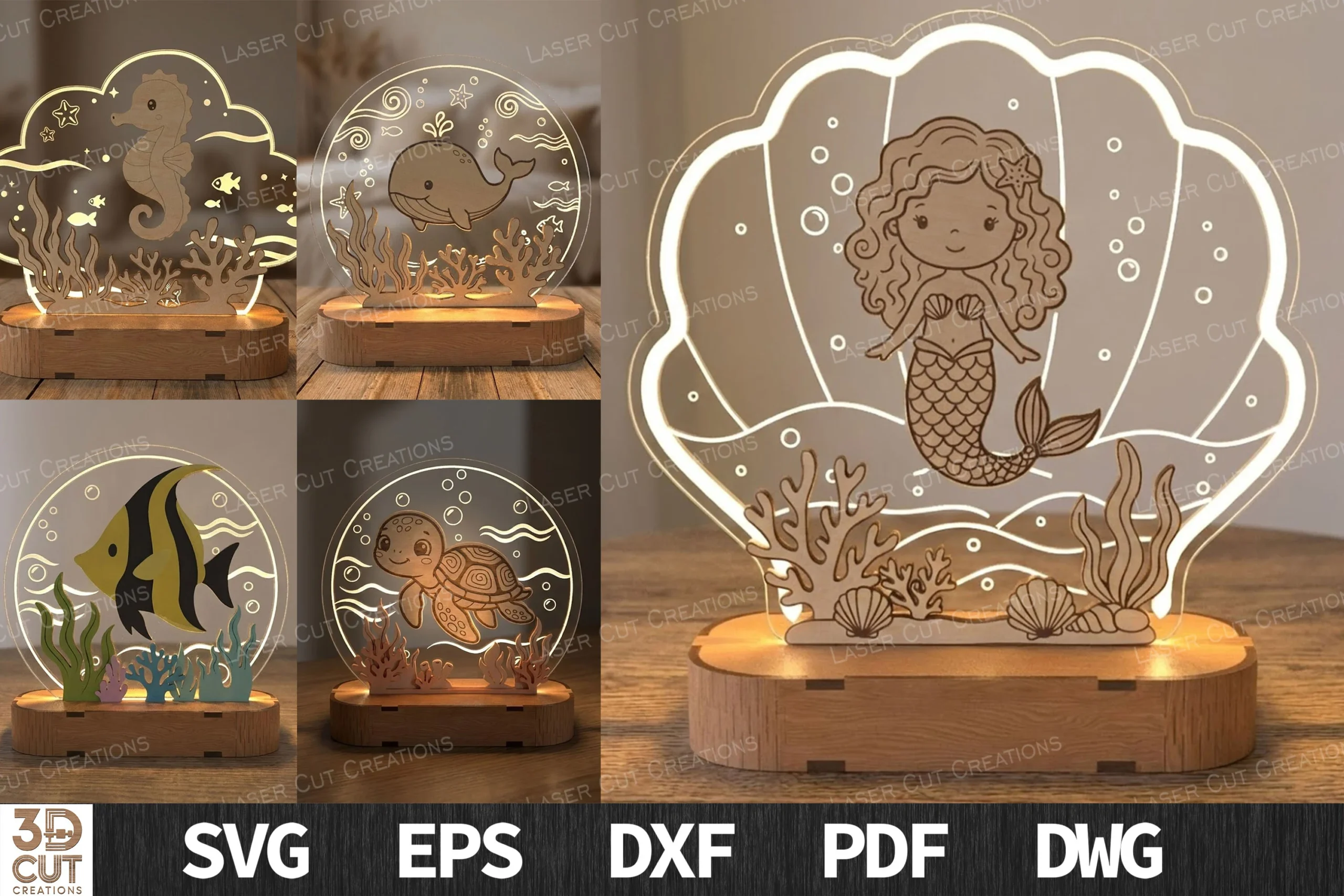 Cute Ocean Night Light SVG Bundle preview showing laser-cut design with friendly character styling