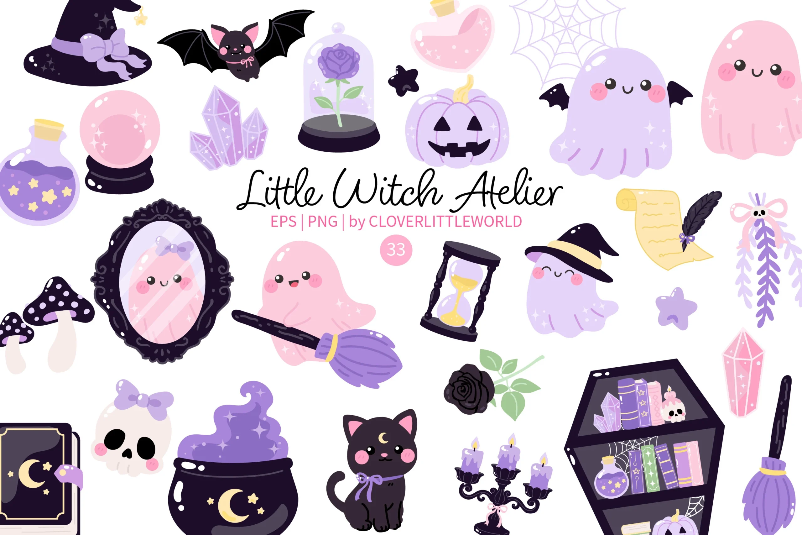 Cute Pastel Halloween Witch Clipart featuring ghosts and witch hats