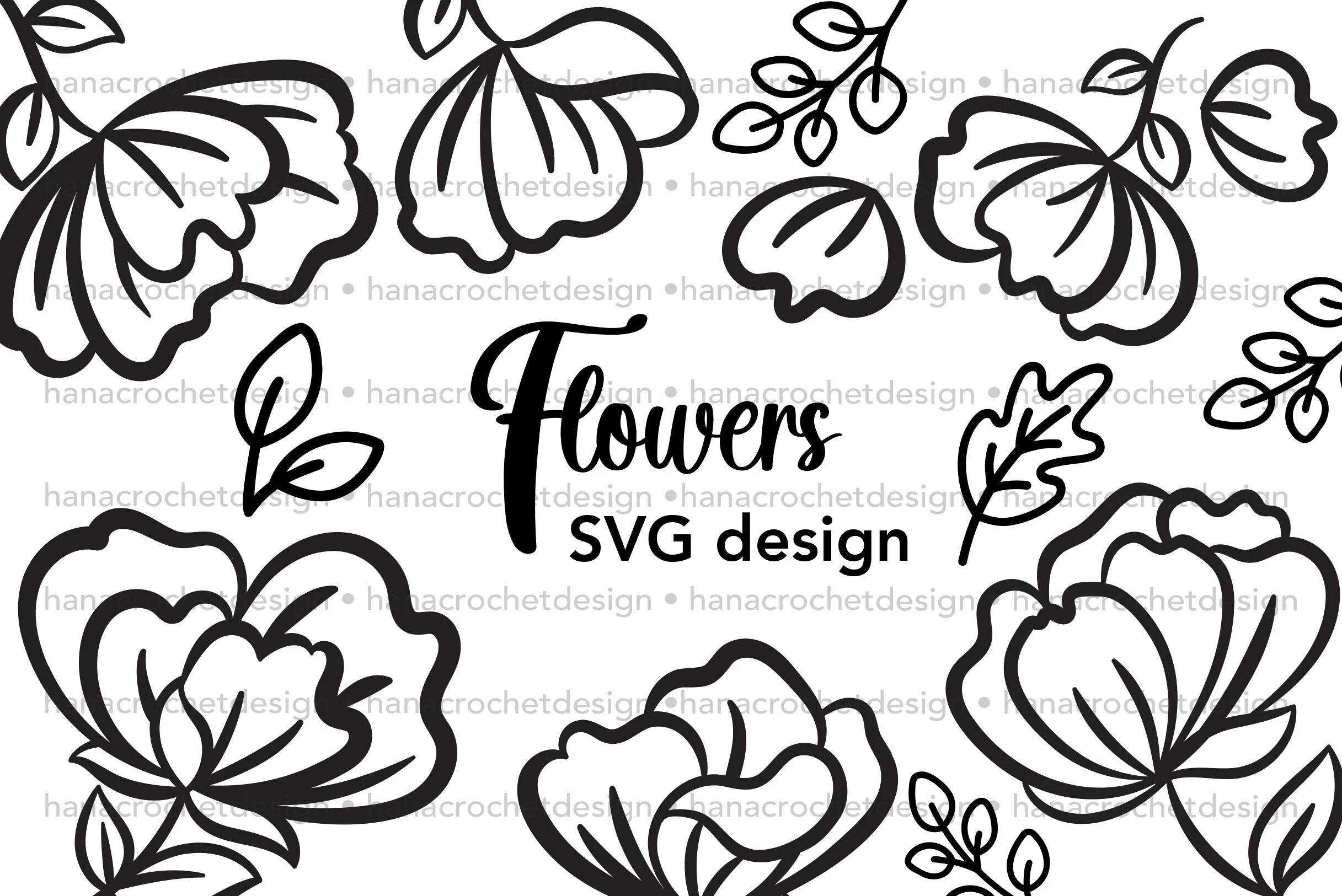 Cute SVG Flower Outline Design featuring flowers and leaves